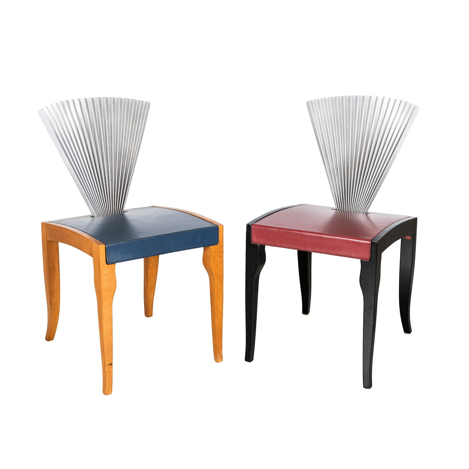 Emanuele Zenere (Italian, 21st Century) for Cattelan Italia Two 'Fan' Dining Chairs: Circa 1990s Beechwood, red and blue leather. metal Applied 'Cattalan Italia' label 83cm high x 43 cm wide x 50cm deep