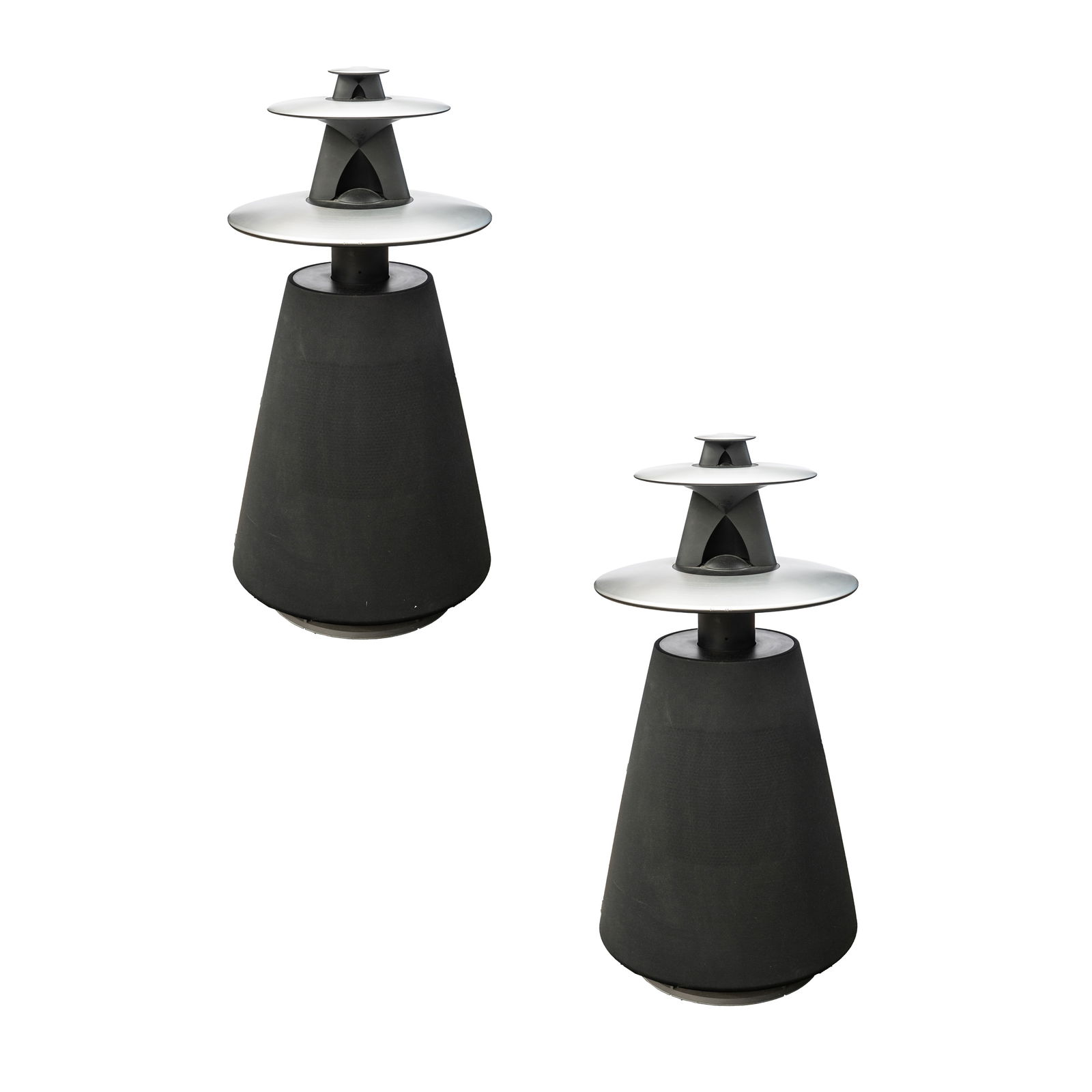 Bang & Olufsen, Denmark Pair of Beolab 5 MMIII Type no. 6882 Speakers: Early 21st century Brushed steel, coated metal, plastic Stamped Bang & Olufsen, with applied makers label and serial number to underside 97cm high