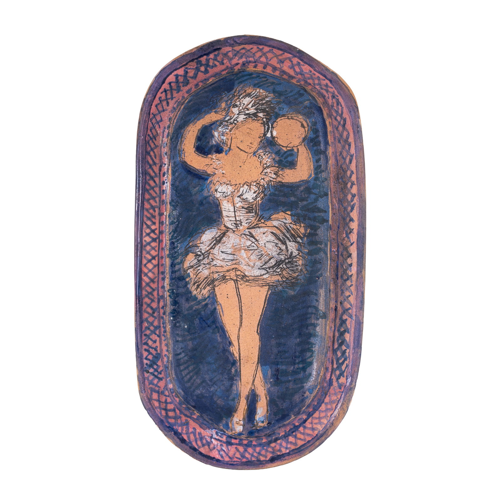 § Quentin Bell (British 1910-1996) for Fulham Pottery Oval dish painted with ballerina as Kitri: 1980s Painted earthenware Underside incised 'Fulham POttery / Quentin Bell' 25.8 x 13.7cm ARR