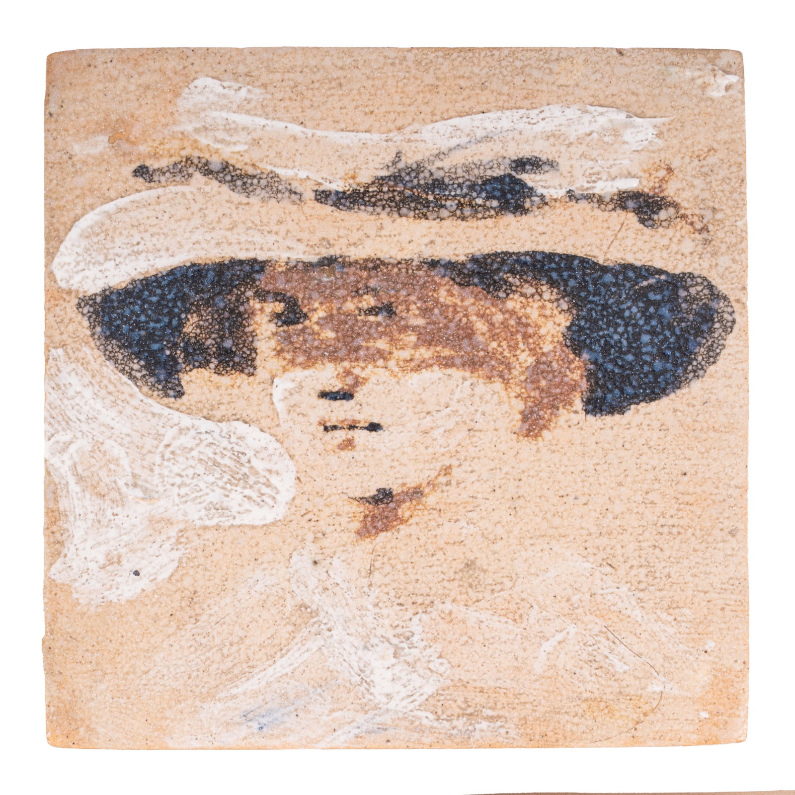 Quentin Bell (British 1910-1996) for Fulham Pottery Tile painted with a portrait of a female wearing: Circa 1980 Earthenware Reverse impressed with bell stamp and 'FULHAM POTTERY' stamp 10 x 10cm