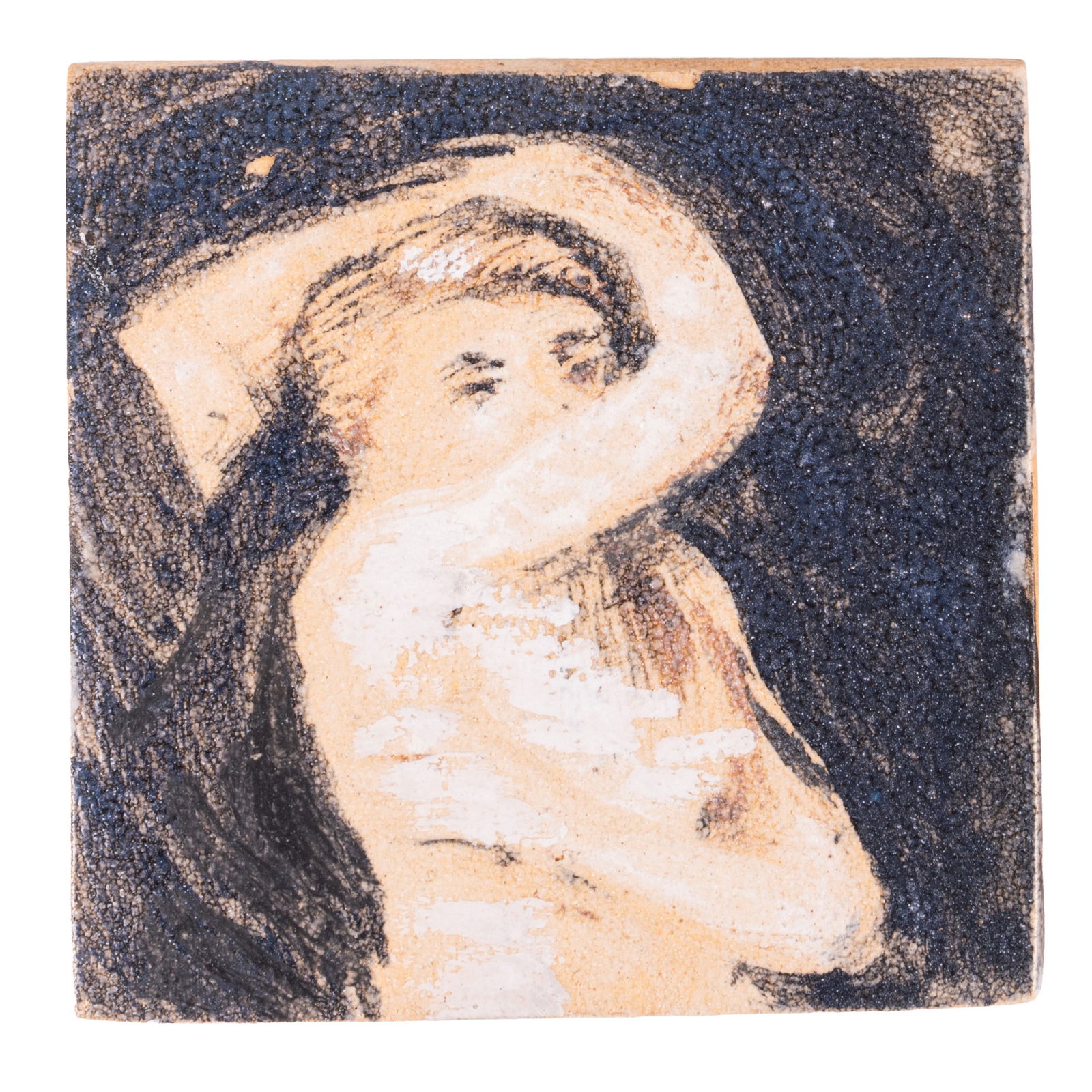 Quentin Bell (British 1910-1996) for Fulham Pottery Tile painted with a portrait of a female nude: Circa 1980 Earthenware Reverse impressed with bell stamp and 'FULHAM POTTERY' stamp and incised 'JXXX PXXX / QB / Dancer' Approx 10 x 10cm