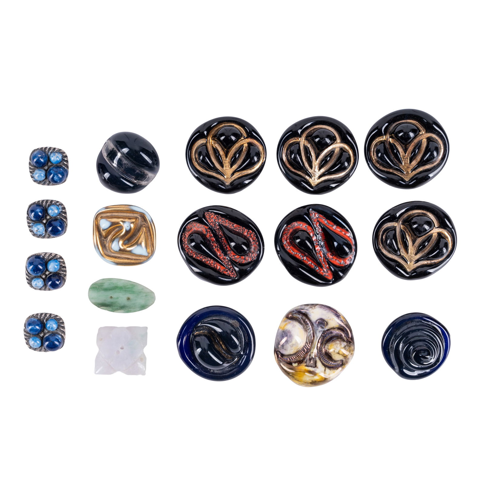 § Lucie Rie (Austrian-British 1902-1995) (Attributed to) for Bimini Collection of handmade buttons: Pressed glass, with Bimini brass backs 11 with impressed Bimini mark verso Largest 3.7cm ARR