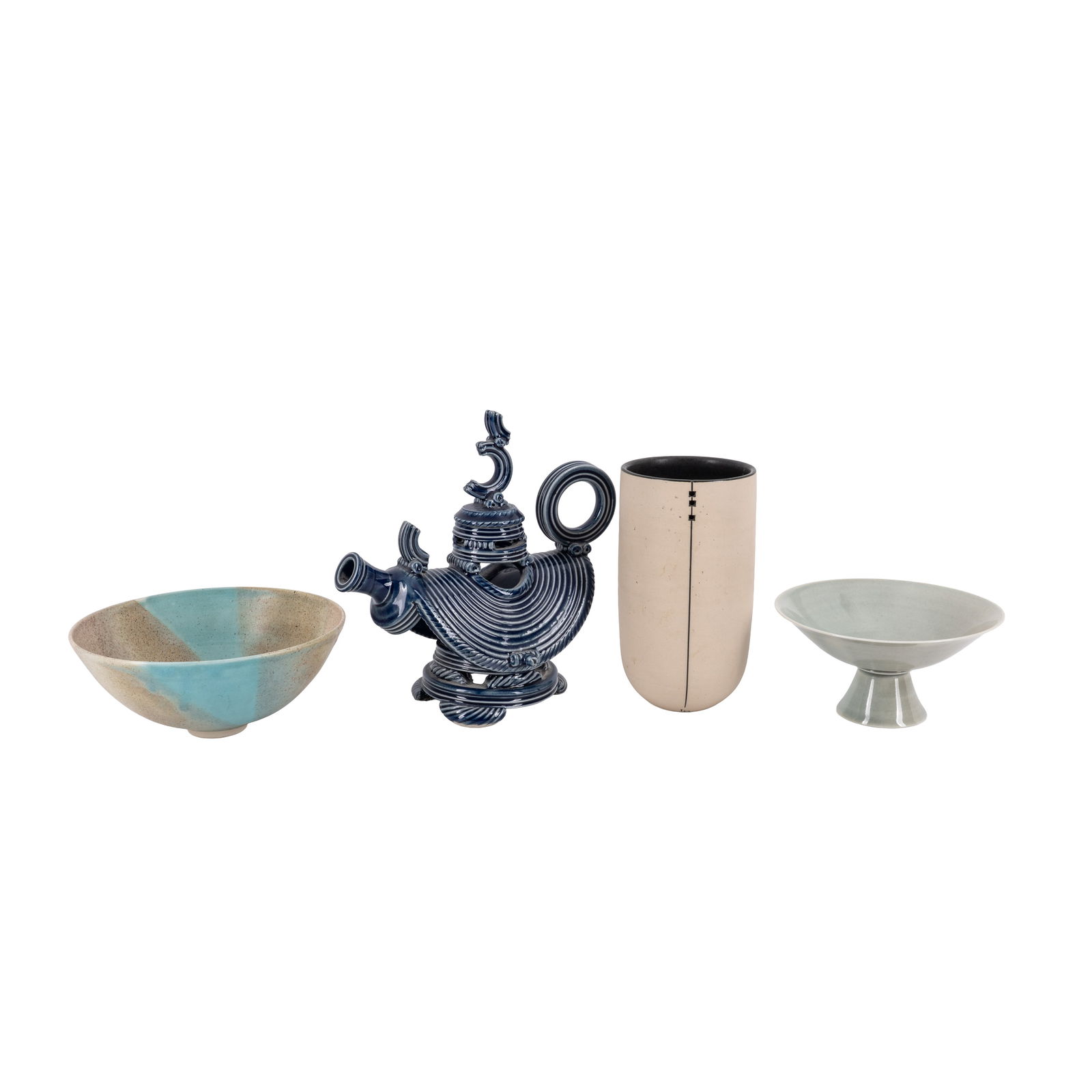 Various studio ceramics Steven Woodhead, William Mehornay, Louise Darby: Including a Steve Woodhead blue glazed stoneware teapot, 23cm high, a William Mehornay (Aldermaston) celadon footed dish, a Louise Darby porcelain cylinder vase, and a Mary White bowl, all with impres