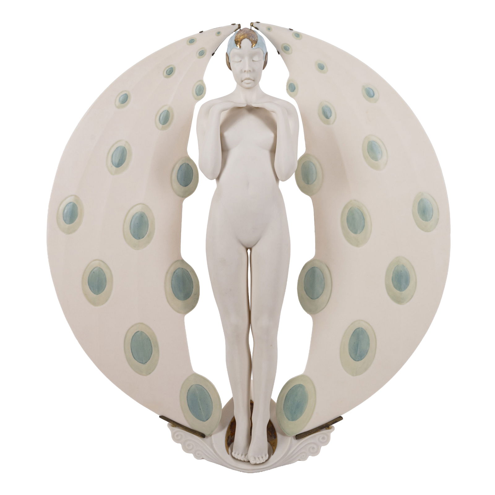 Gregory Rose for Rosehall Designs 'Montecarlo' Art Deco style female nude against moonlike blue: Late 20th century Parian ware With original boxes, underside painted 'RHD / ORNAMENTAL PEACOCK / PARIAN WARE', and 'GR' 37.5cm high