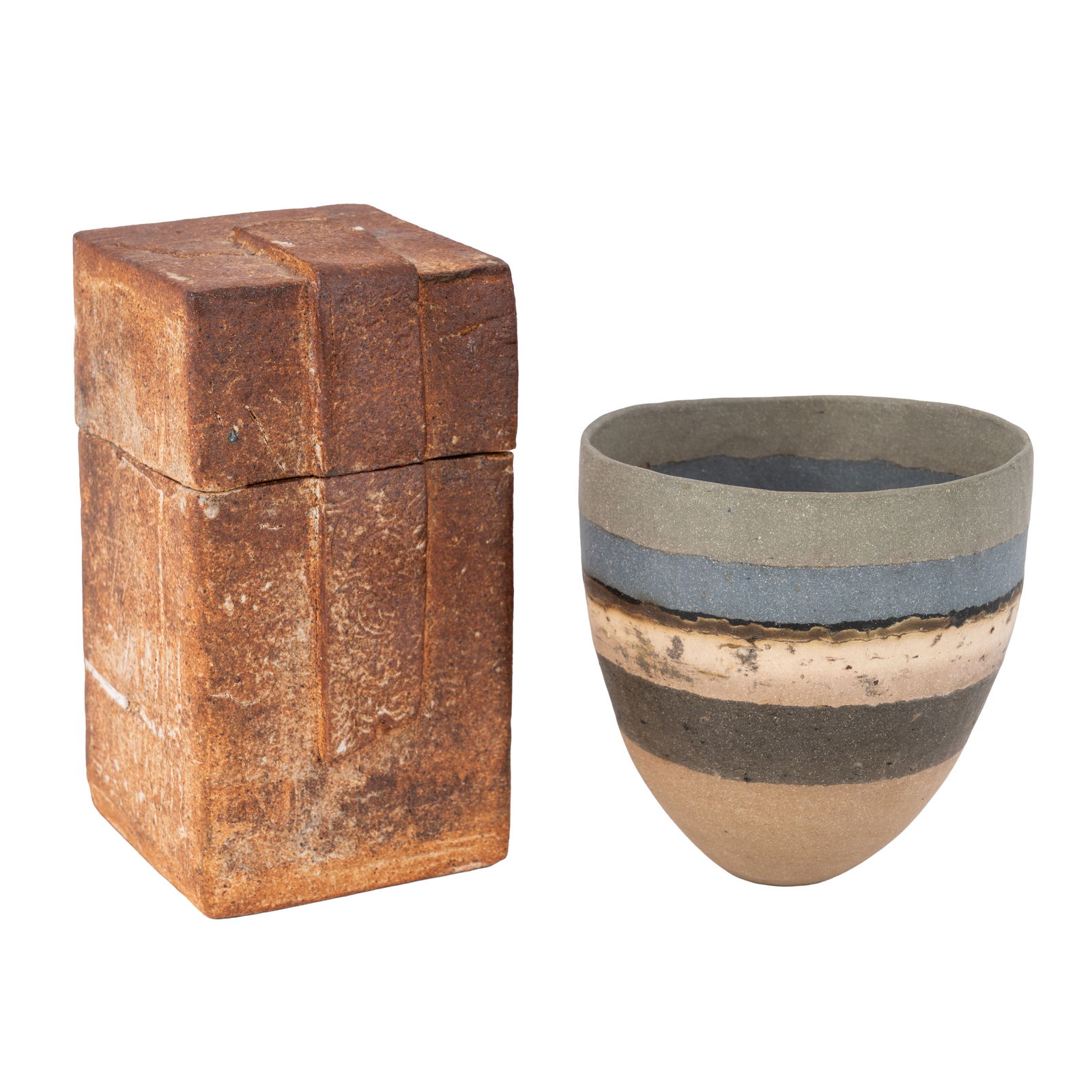 British Studio Pottery Charlotte Jones, Catherine Wolf: Including a Charlotte Jones vase with layered bands signed 'CJ', 11.5cm high; and a Catherine Wolf ceramic box, 16cm high (2)