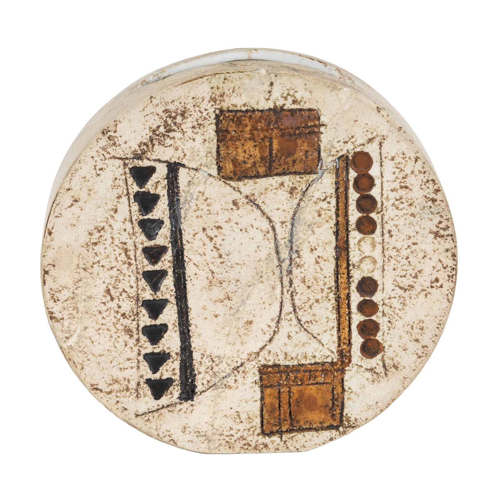 Anne Lewis for Troika Pottery, Britain Wheel Vase: Circa 1976 to 1977 Geometric decoration on brown, yellow and buff ground Signed 'Troika St Ives England AL' 12cm high