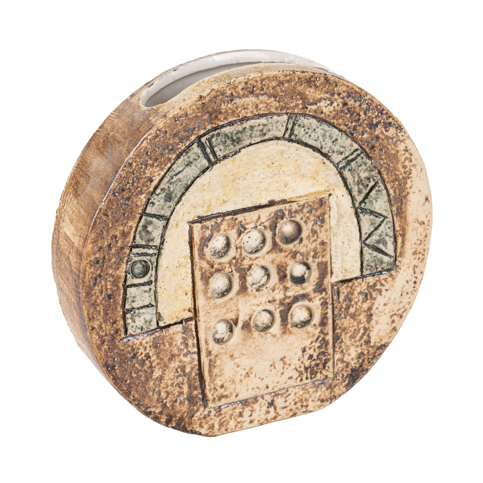 Anne Jones for Troika Pottery, Britain Wheel Vase: Circa 1976 to 1977 Geometric decoration on brown, blue, ochre and buff ground Signed 'Troika AJ' 12cm high