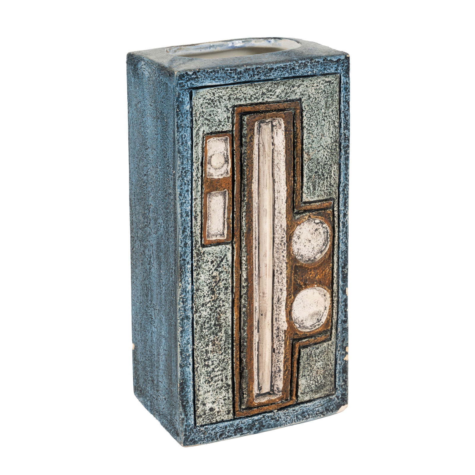 Louise Jinks for Troika Pottery, Britain Slab Vase: Circa 1979 to 1980 Geometric decoration on ochre, blue, brown and buff ground Signed with artists monogram 21cm high