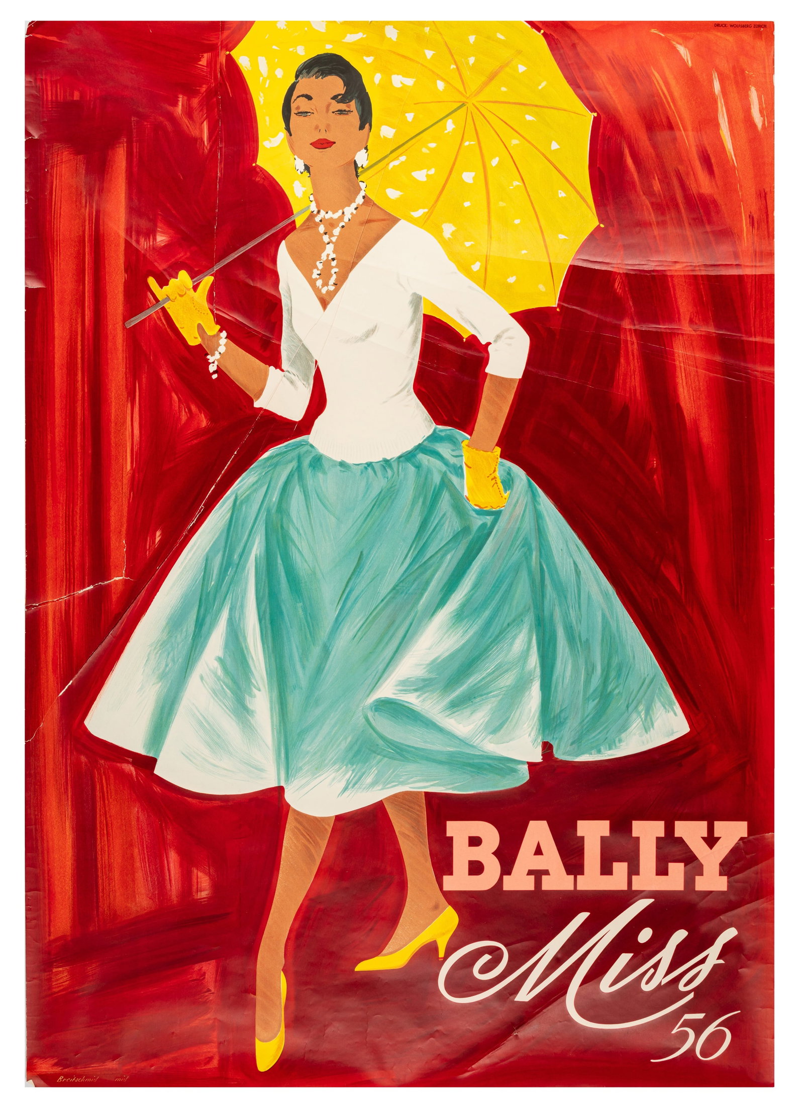 Franz Breitschmid (b.1921) and Bernard Villemot (French 1911-1990) Bally 'Miss '56', and Female: 1956 and 1989 Coloured lithographs Breitschmid: 128 x 90cm, Villemot: 60 x 40cm (2) Bally posters Miss '56. Breitschmit . 128cm x 90cm Provenance:The vendor previously worked for the Bally shoe compan