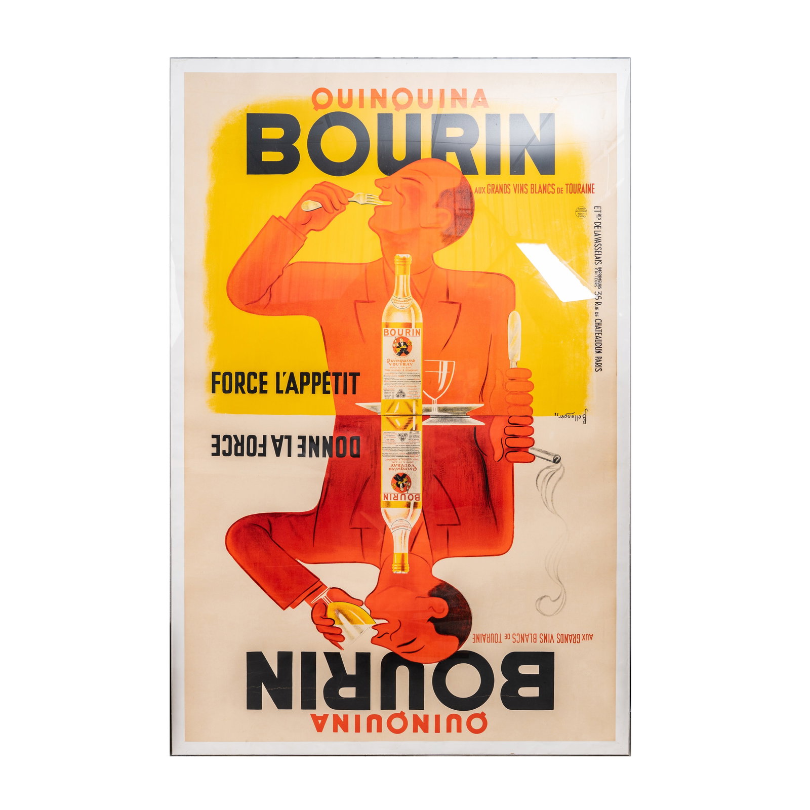 Pierre Bellenger (XX French) Quinquina Bourin Liquor: Circa 1936 Colour lithograph poster Signed and dated in design center left, De La Vasselais Imprimeurs Editeurs 210cm high x 139cm wide
