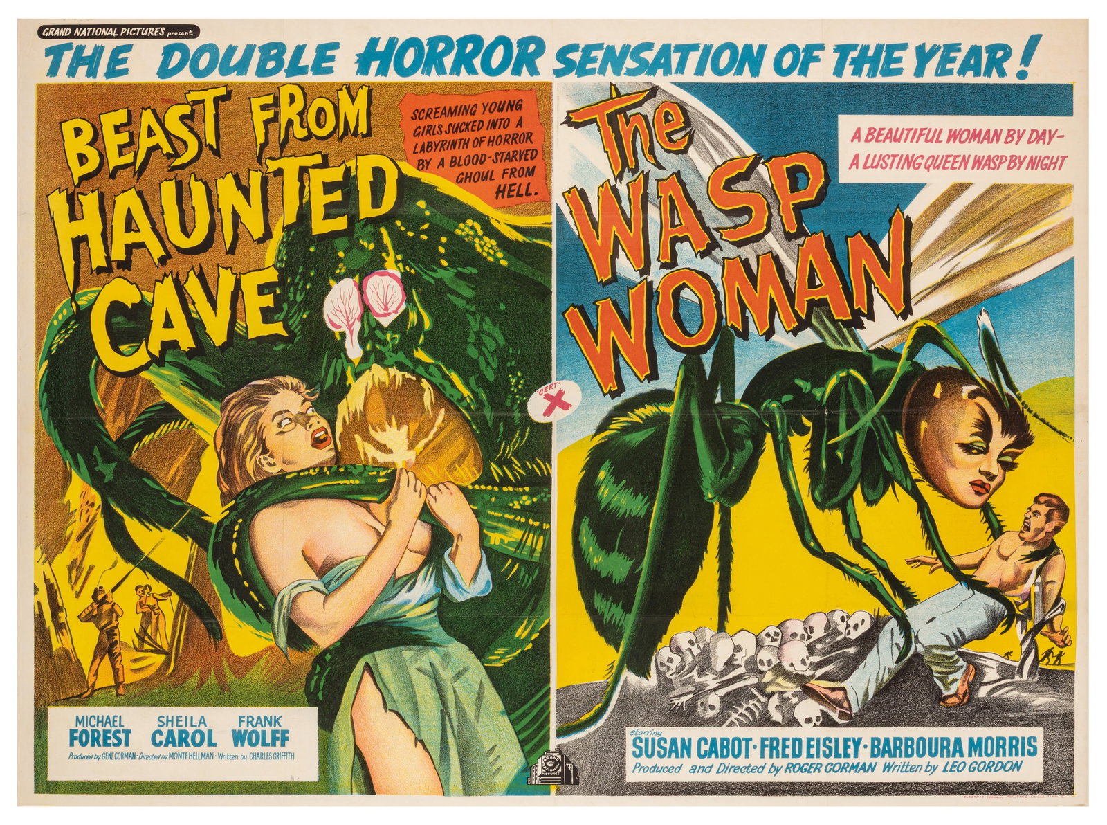 Beast From Haunted Cave / The Wasp Woman, Double Bill Vintage film poster: 1959 UK Quad, framed Printed by Electric (Modern) printing Co. Ltd Frame: 83.5 x 109cm