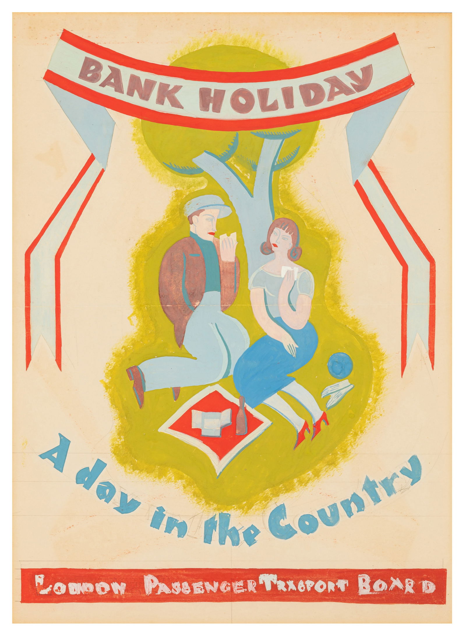 London Passenger Transport Board Original poster artwork for 'Bank Holiday: A day in the Country': Early to mid 20th century Gouache, watercolour, pencil 34 x 46.5cm (frame 49 x 63cm)