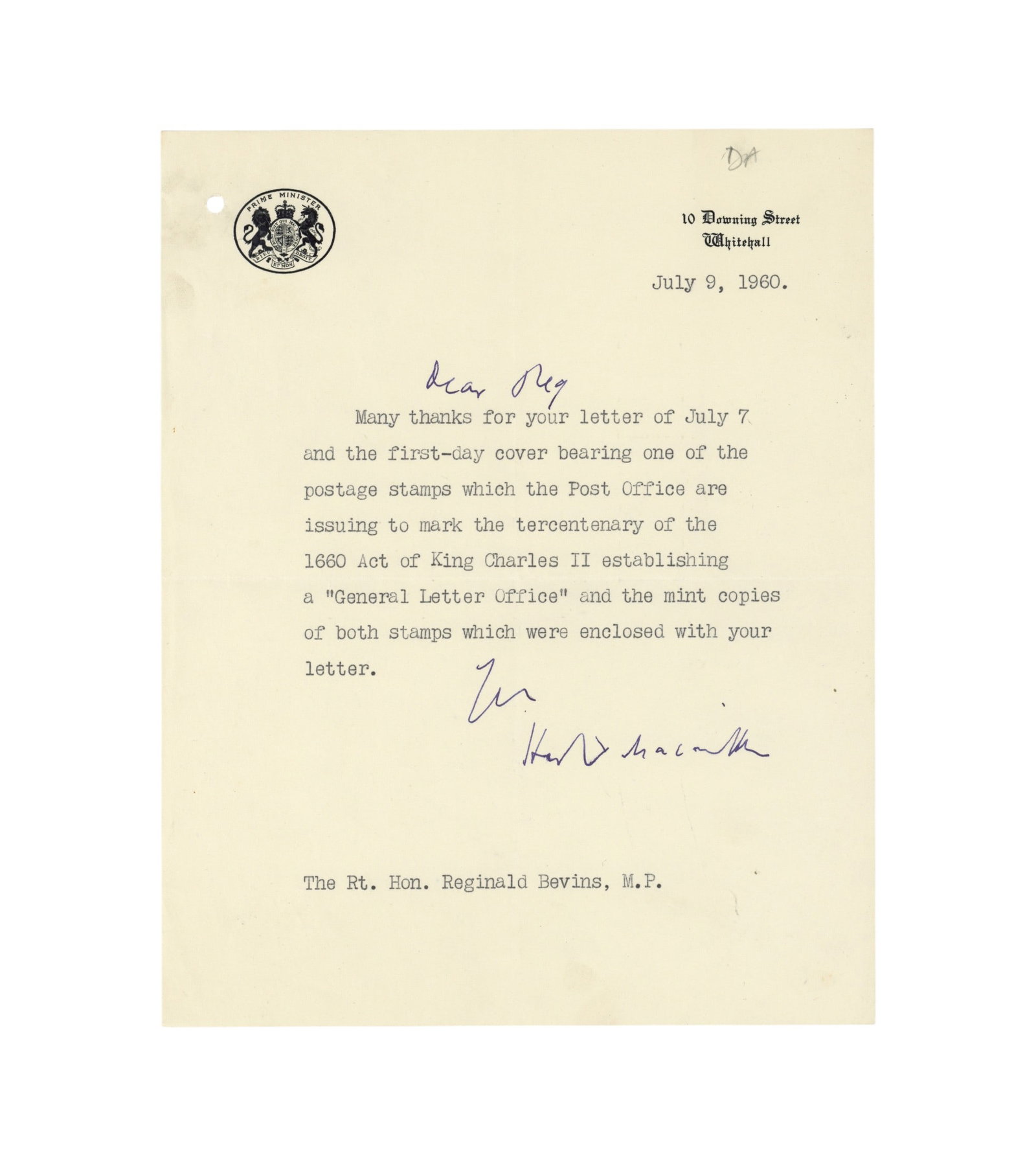 Macmillan (Harold) Typed letter signed ("Harold Macmillan"): Macmillan (Harold) Typed letter signed ("Harold Macmillan") The letter, to The Rt. Hon. Reginald Bevins, thanks the recipient for sending "the first-day cover bearing one of the postage stamps which