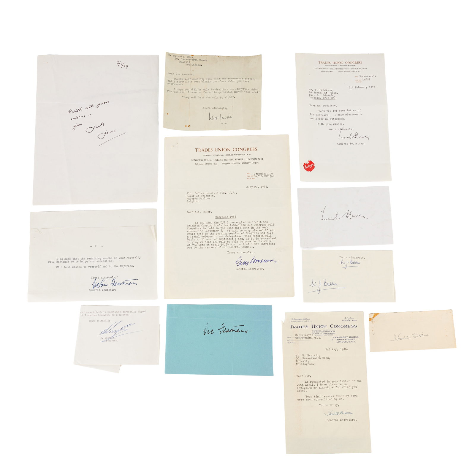 Autograph Collection.- Trade Union Leaders Cards and letters: Autograph Collection.- Trade Union Leaders Cards and letters Group of letters and cards signed by prominent Trade Union leaders from the 20th century, including: Will Lawther, Vic Feather, Arthur