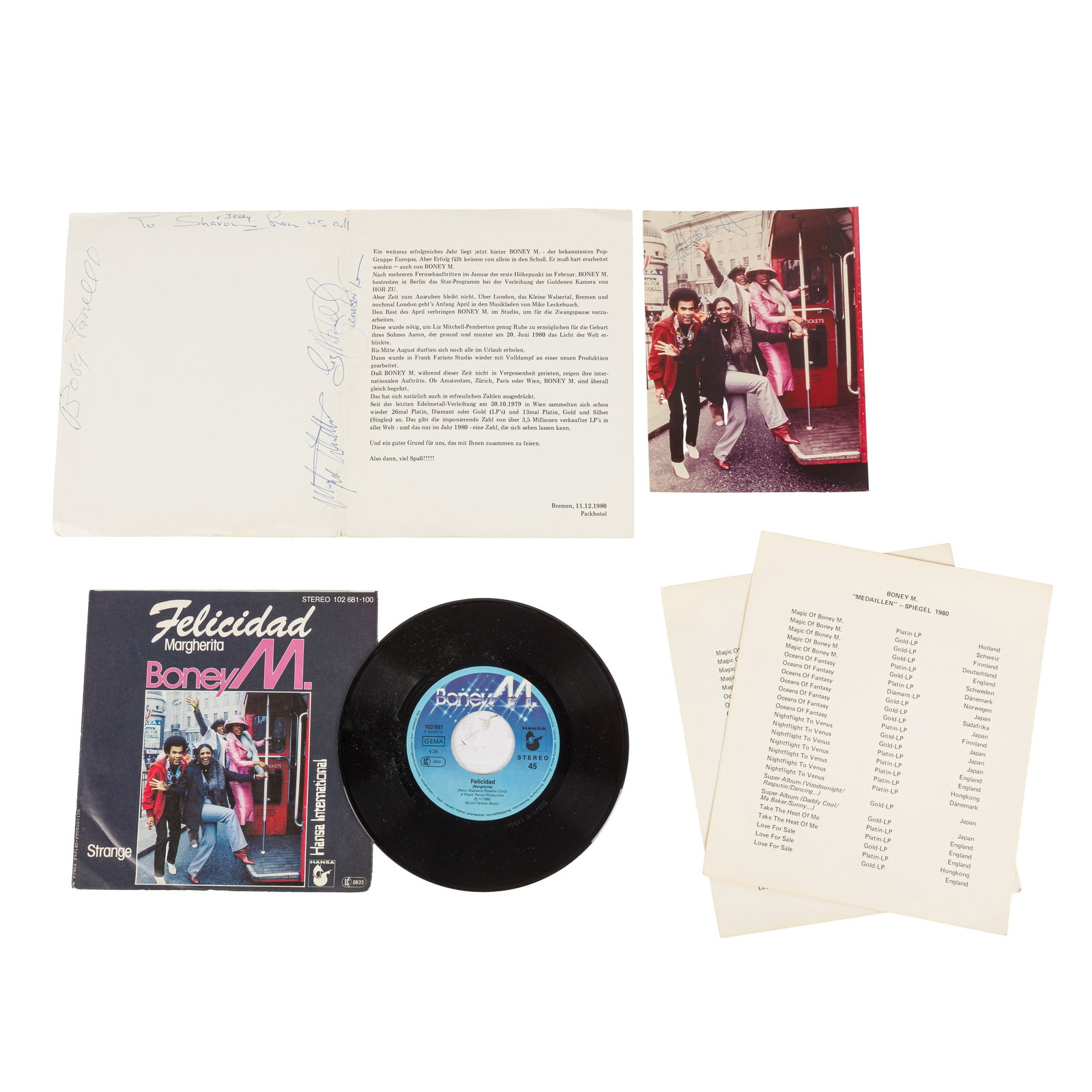 Boney M. Signed photograph: Boney M. Signed photograph 'Boney M. 1980', vintage German promotional brochure featuring a colour photograph of the group, signed by Bobby Farrell, Liz Mitchell, Marcia Barrett and Mazie Williams,