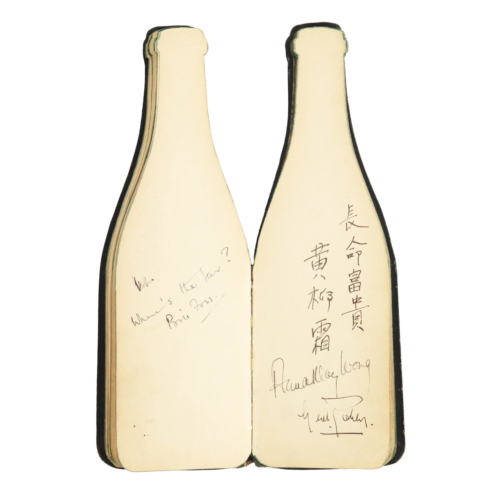 Autograph Album.- Incl. Anna May Wong c. 1930s: Autograph Album.- Incl. Anna May Wong c. 1930s Unusual bottle-shaped autograph album featuring signatures by vintage actors and entertainers, some inscribed to Hugh Findlay, including: Laura La