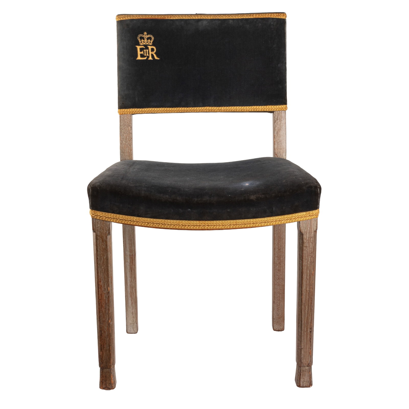 [Elizabeth II, Queen of the United Kingdom] Coronation chair, 1953: [Elizabeth II, Queen of the United Kingdom] Coronation chair, 1953 Original 1953 Queen Elizabeth II Coronation chair, the limed oak frames with blue velvet upholstered back and seat embroidered with