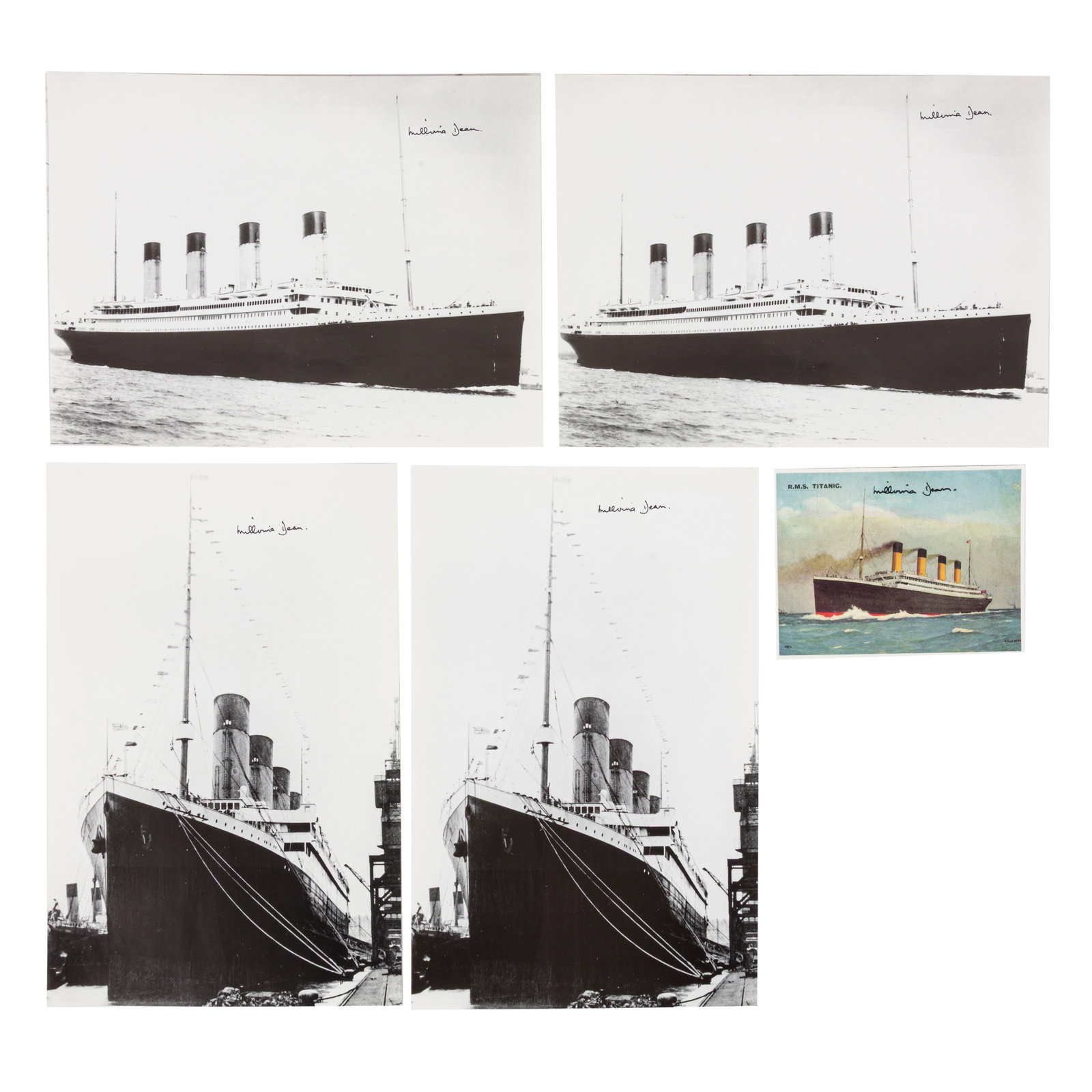 Titanic Interest.- Millvina Dean Signed photographs: Titanic Interest.- Millvina Dean Signed photographs Group of black and white reproduction photographs of the ill-fated liner, all signed by Millvina Dean in black felt tip, with a colour