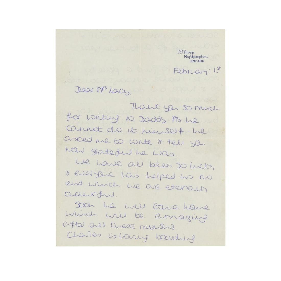 Diana, Princess of Wales Autograph letter signed ("Diana"): Diana, Princess of Wales Autograph letter signed ("Diana") The letter, addressed to Mrs Mildred Lacy, reads "Thank you so much for writing to Daddy. As he cannot do it himself, he asked me to write an
