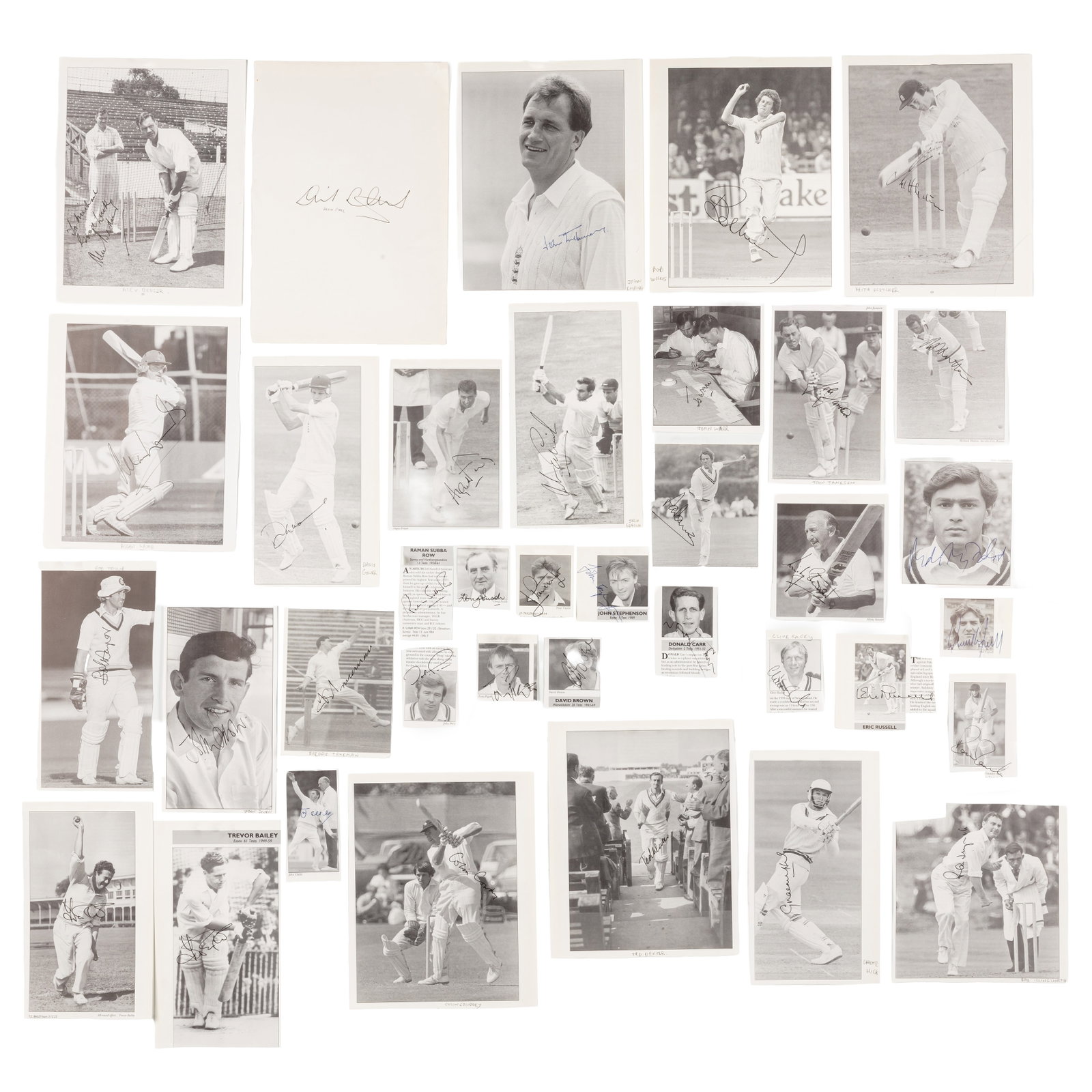 Autograph Collection.- England Cricket Team Signed cards and photographs: Autograph Collection.- England Cricket Team Signed cards and photographs Collection of cards, clippings and photographs signed by several cricketer who played for England, comprising: David Bairstow,
