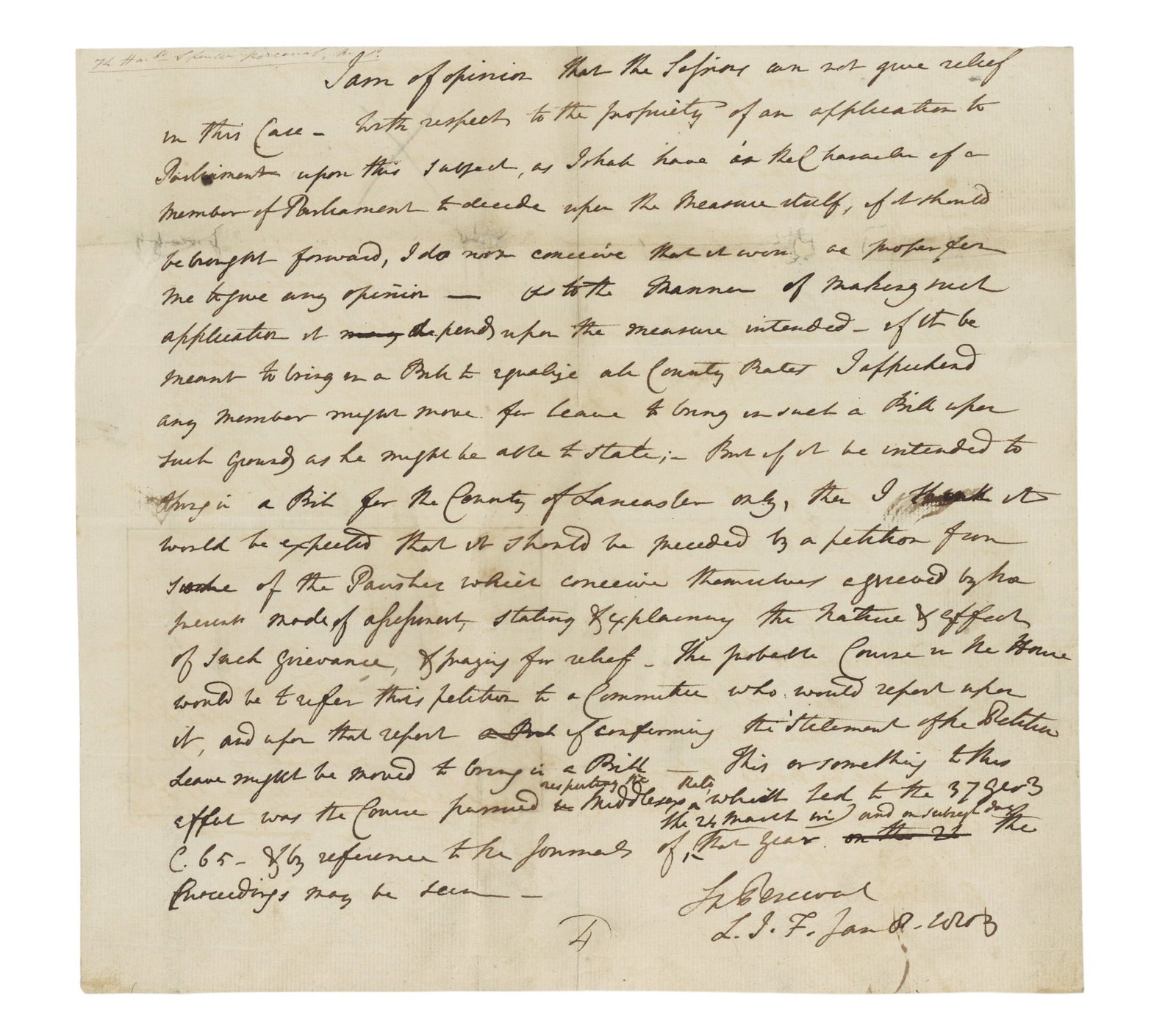 Perceval (Spencer) Autograph letter signed ("Sp. Perceval"): Perceval (Spencer) Autograph letter signed ("Sp. Perceval") Final portion of an autograph letter to an unknown correspondent. It reads in part "I am of the opinion that the sessions can not give