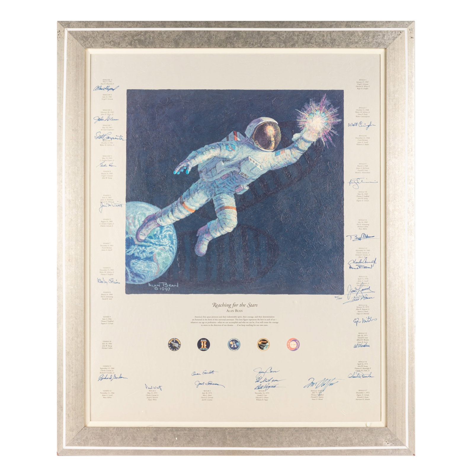 Astronauts.- Limited Edition Print: Astronauts.- Limited Edition Print Colour limited edition print after a 1997 painting by Alan Bean entitled ‘Reaching for the Stars,’ numbered 82/1500, signed along borders by 24