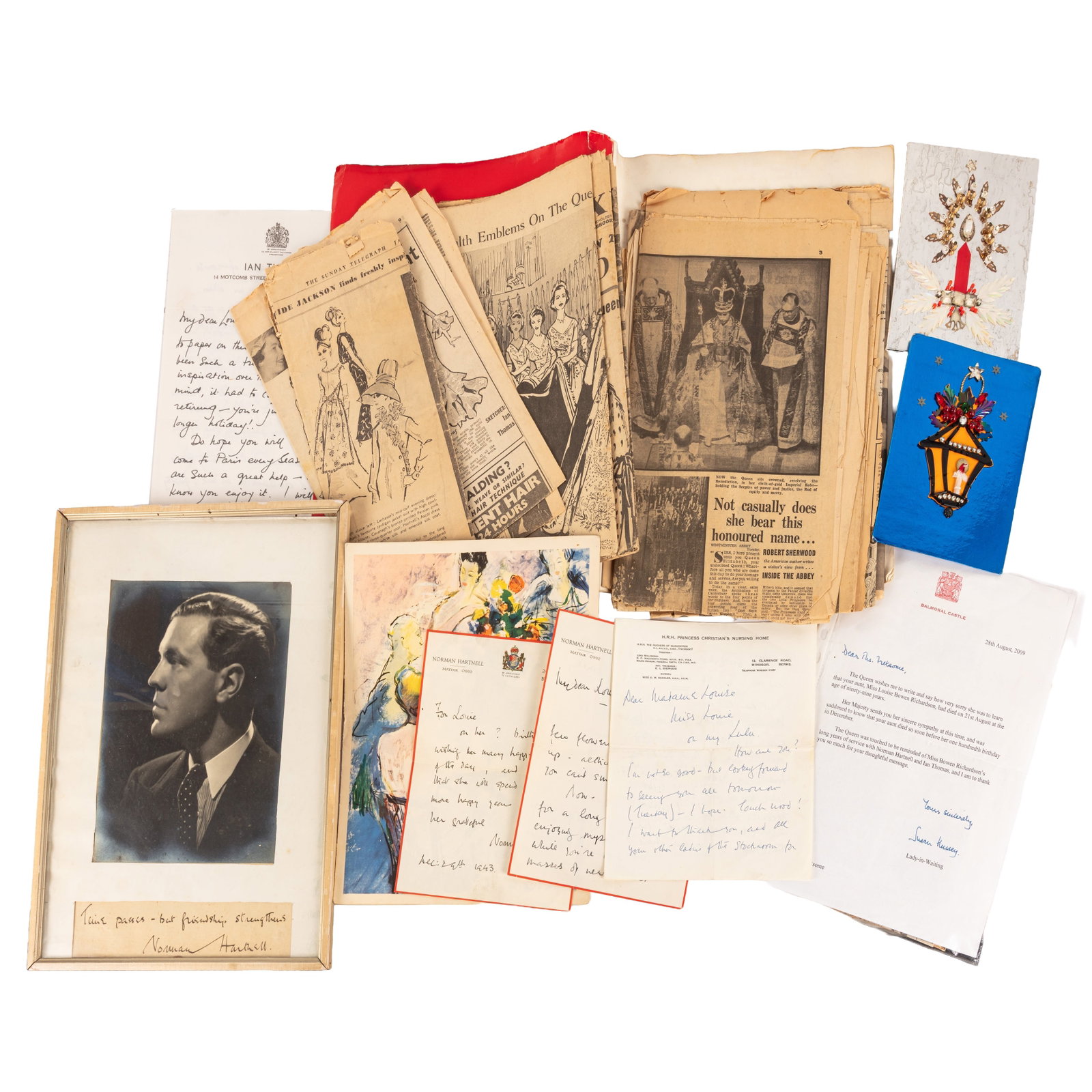 Royal Couturiers.- Incl. Norman Hartnell Photographs and letters: Royal Couturiers.- Incl. Norman Hartnell Photographs and letters An interesting group of letter, photographs and cards signed by Norman Hartnell, including: a striking photograph of Hartnell in a