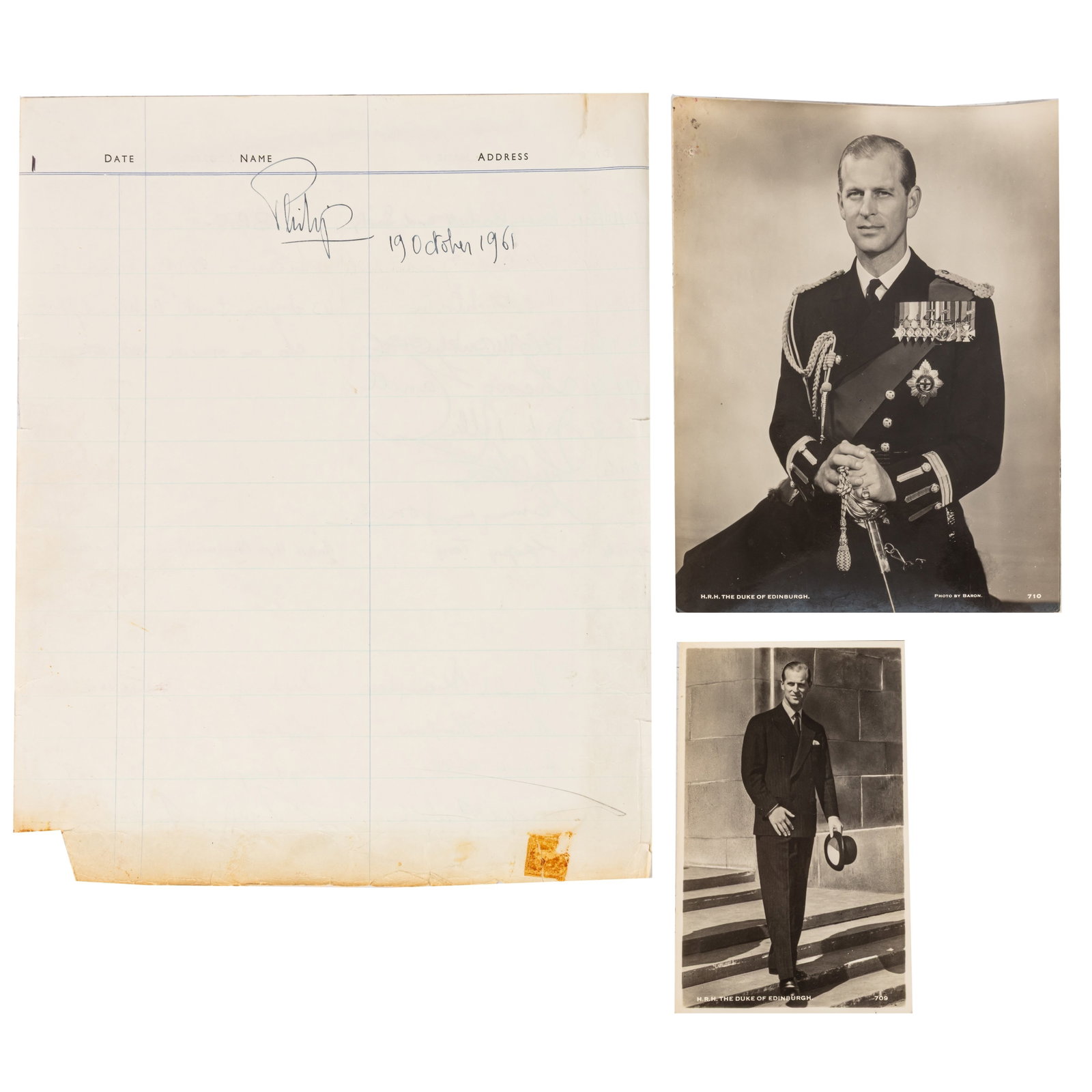 Prince Philip, Duke of Edinburgh Ink signature: Prince Philip, Duke of Edinburgh Ink signature Fountain pen ink signature by Prince Philp on a page removed from a visitor's book, dated 19 October 1961, yellowing to lower margin, loss to lower left