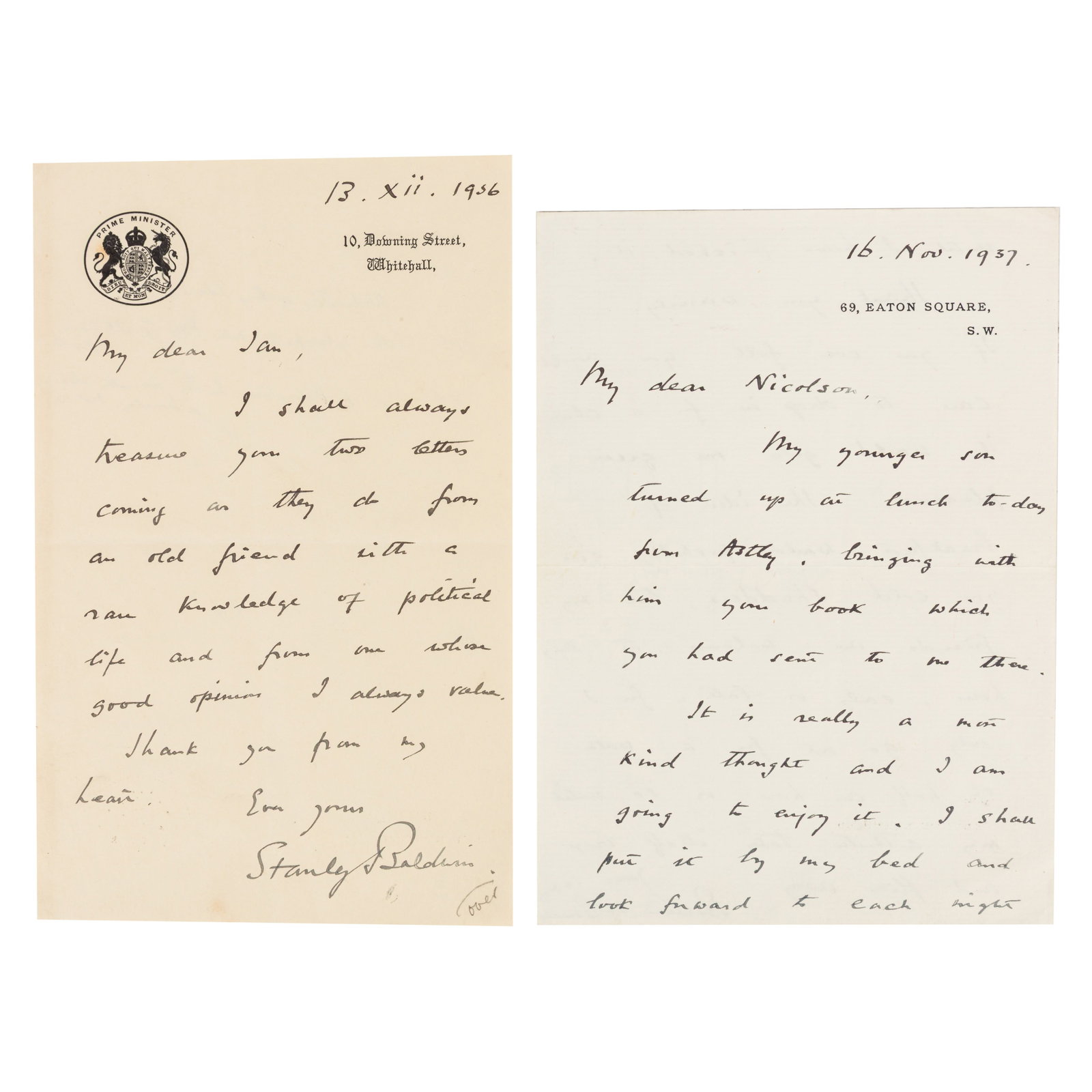 Baldwin (Stanley) Two autograph letters signed (1 of 2)