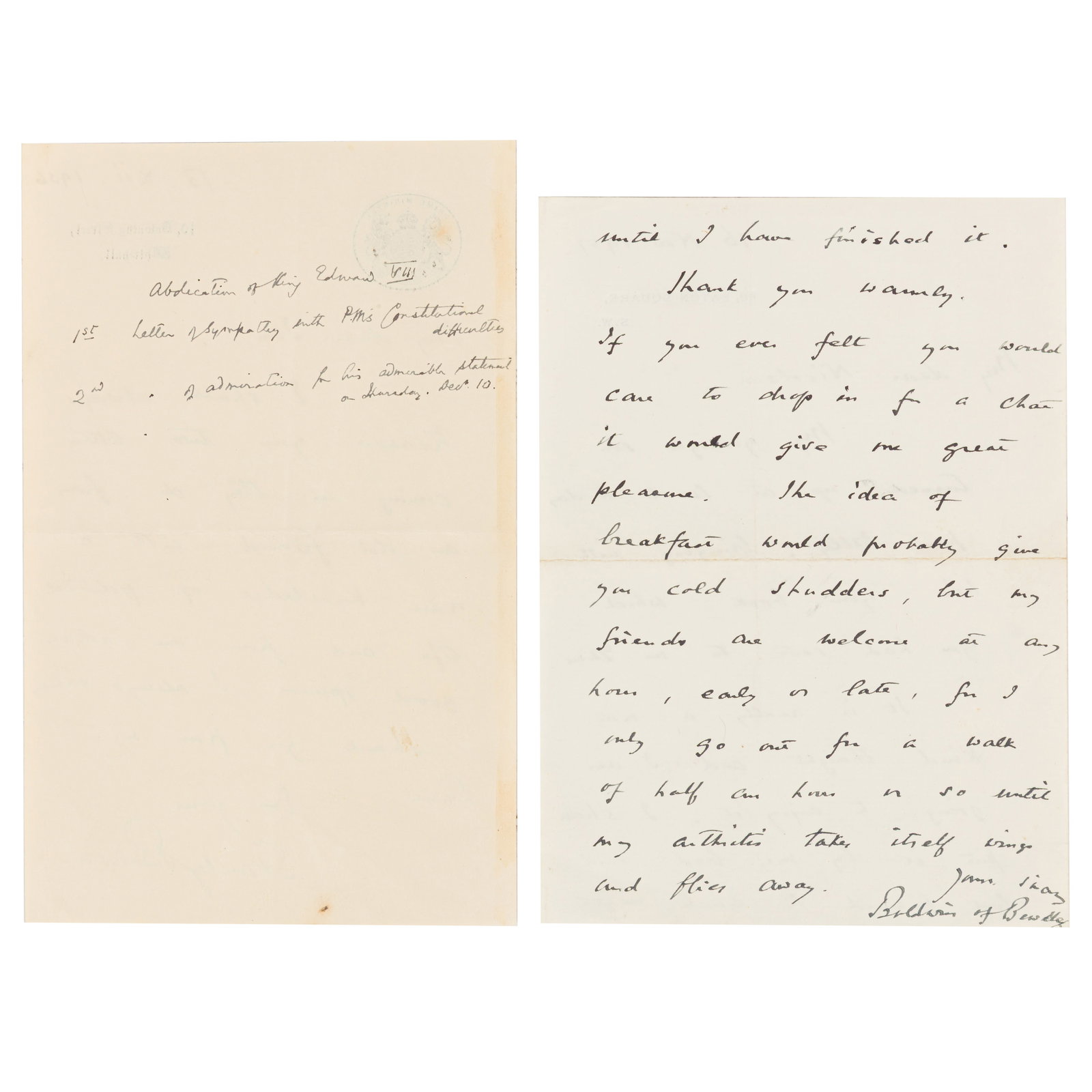 Baldwin (Stanley) Two autograph letters signed - 2