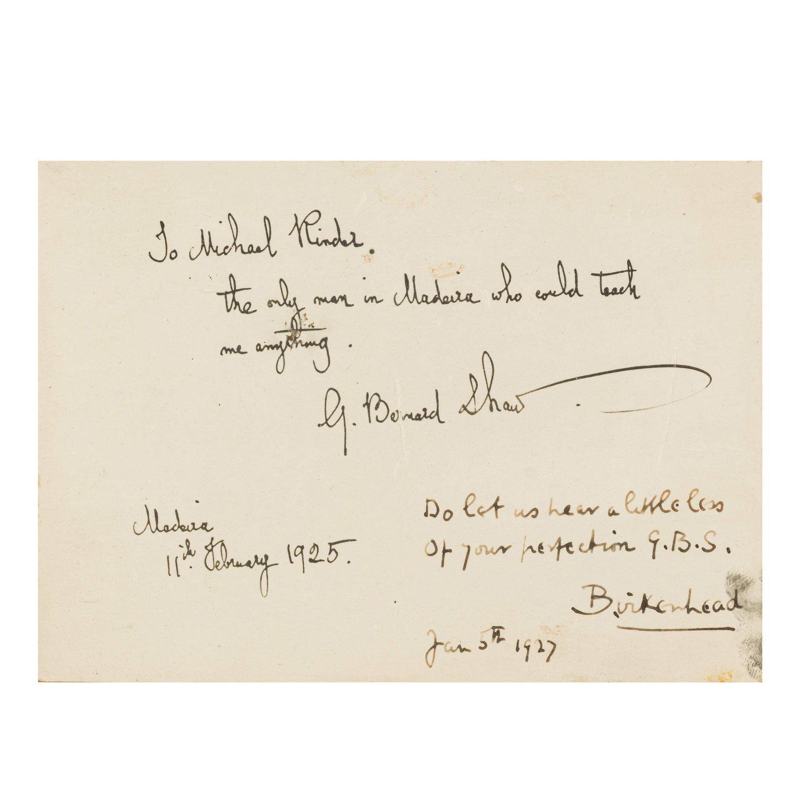Shaw (George Bernard) Autograph note signed ("G. Bernard Shaw') - 2
