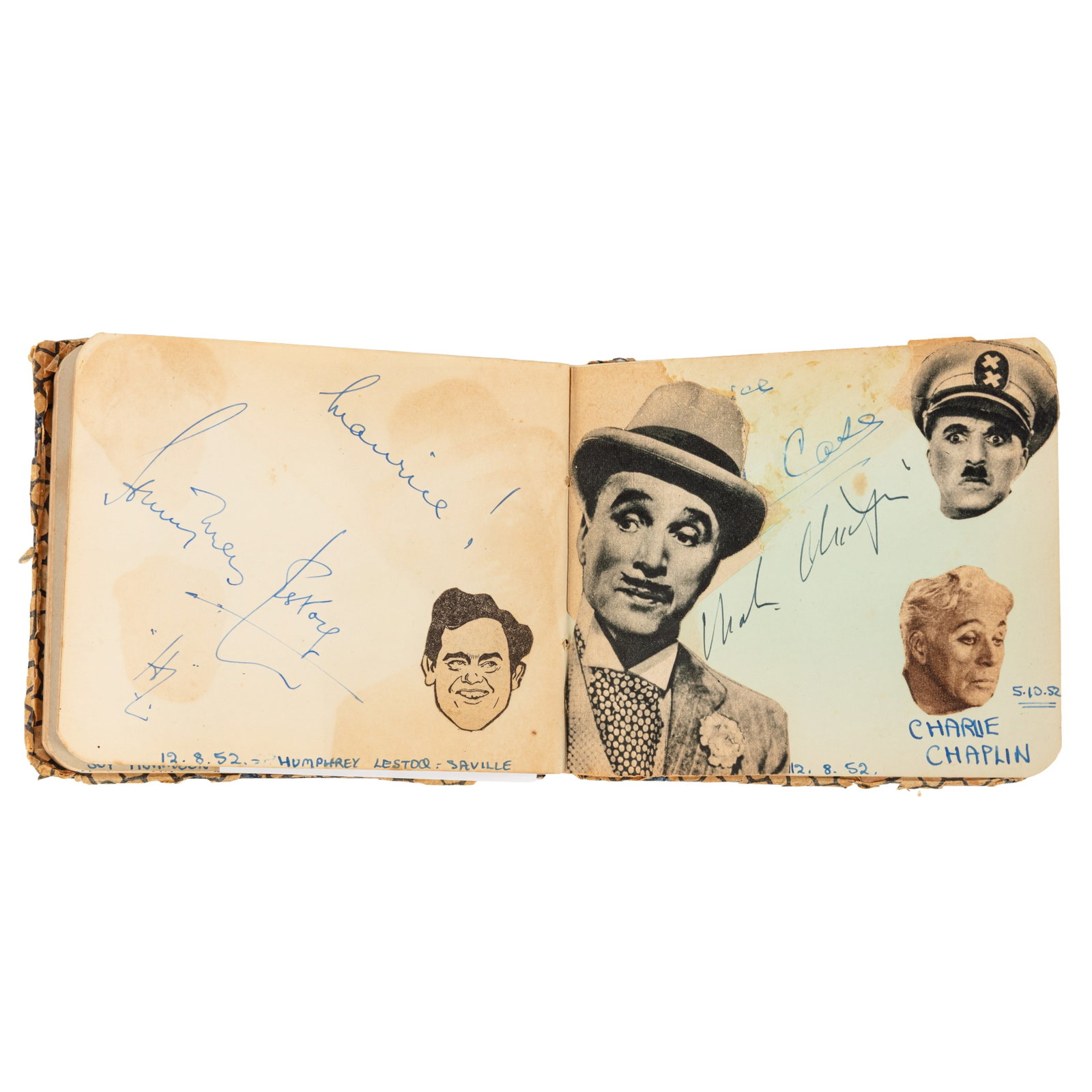 Autograph Album.- Incl. Charlie Chaplin c. 1950s: Autograph Album.- Incl. Charlie Chaplin c. 1950s Autograph album featuring signatures by vintage actors and entertainers, including: Dolores Gray, Norman Wisdom, Eddie Leslie, Winifred Atwell, Peter