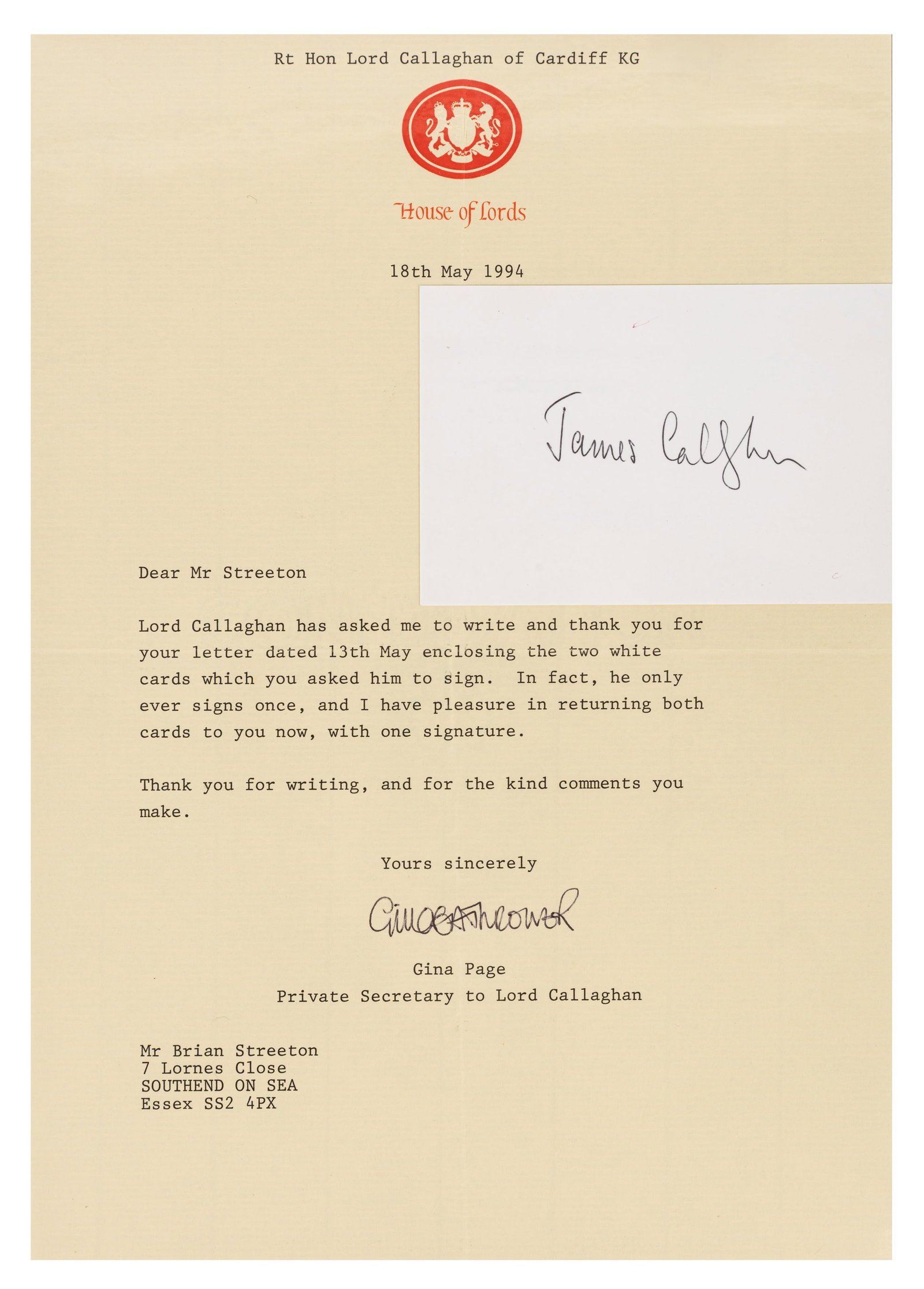 Autograph Collection.- British Politicians Signed cards - 2
