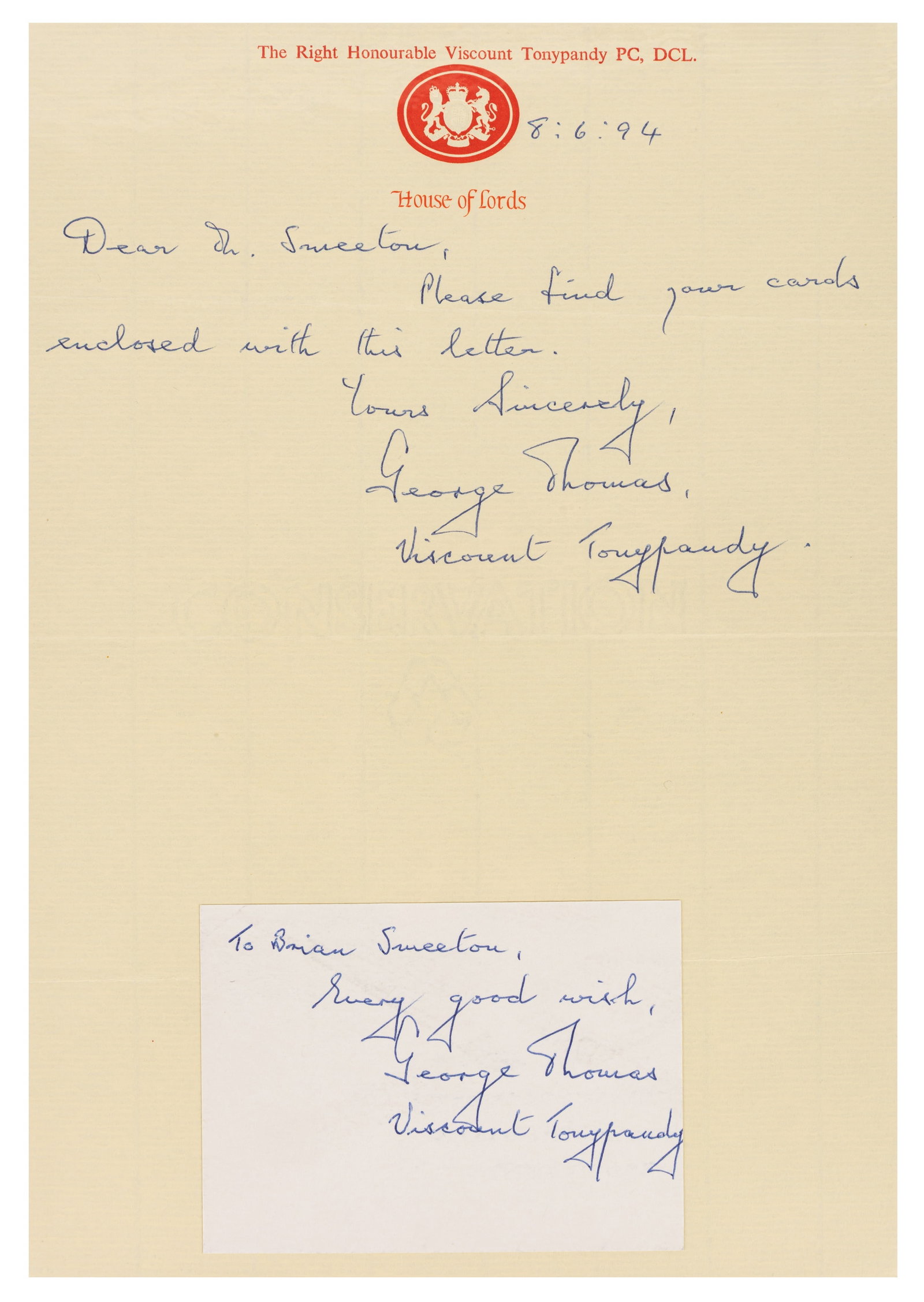 Autograph Collection.- British Politicians Signed cards - 3