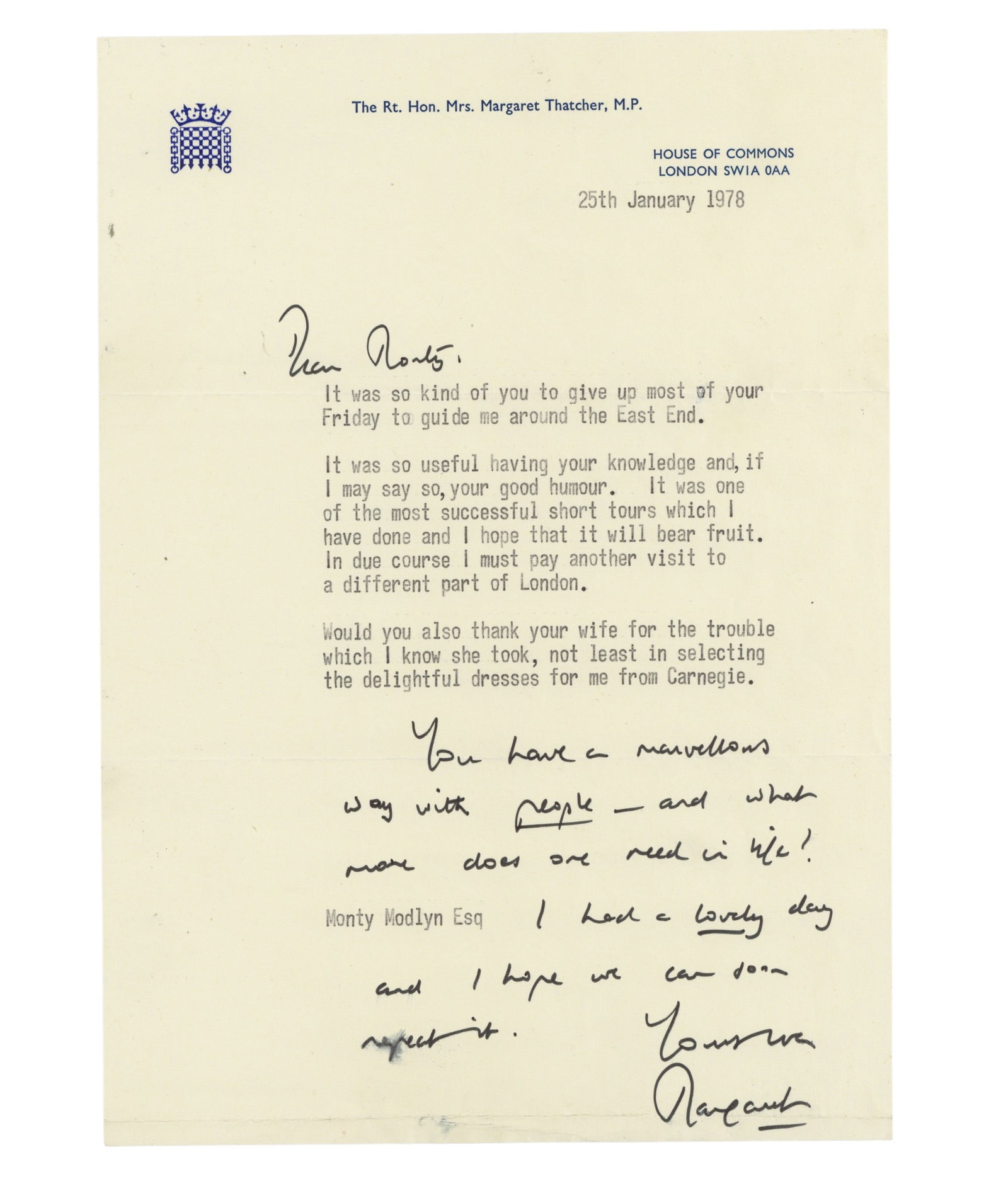Thatcher (Margaret) Typed letter signed ("Margaret") (1 of 1)