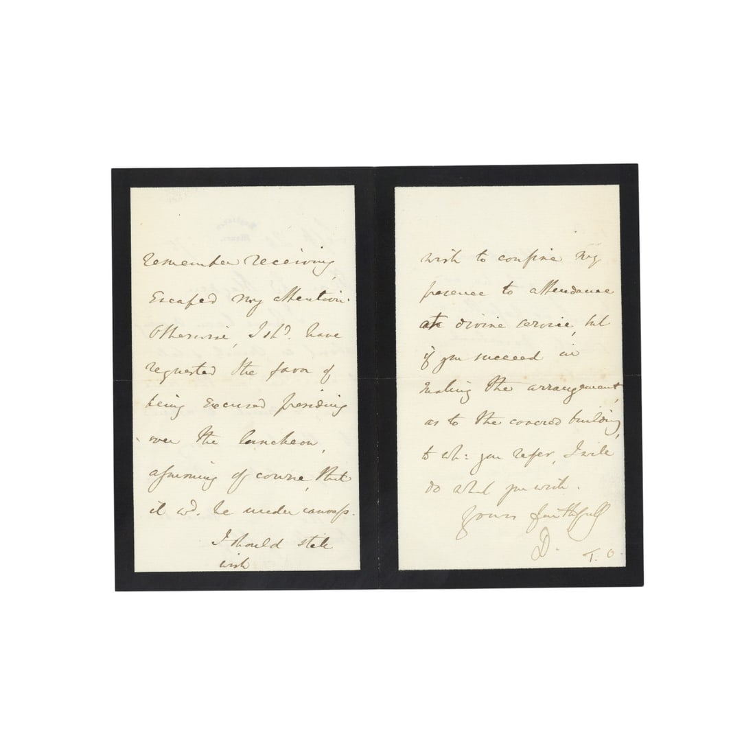 Disraeli (Benjamin) Autograph letter signed ("D"): Disraeli (Benjamin) Autograph letter signed ("D") The letter, to The Rev. Henry Blagden, on mourning stationery, says "I have been moving about so much of late and I have had, at the same time, so