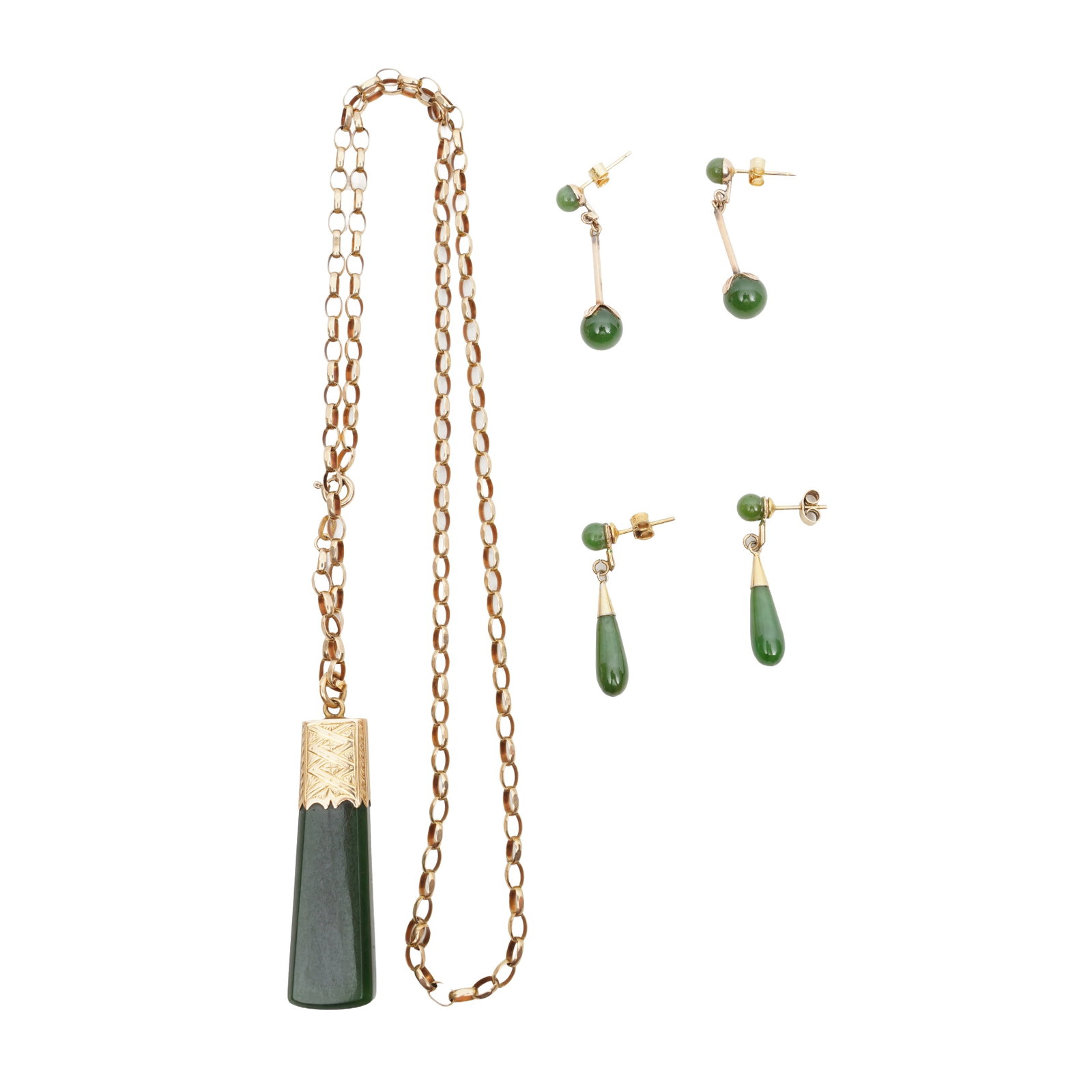 A group of jade jewellery Yellow metal: A group of jade jewellery Yellow metal Comprising a nephrite pendant necklace, chain stamped 9ct; two pairs of pendent earrings set with nephrite bear or drop pendants, one pair stamped 9ct; various
