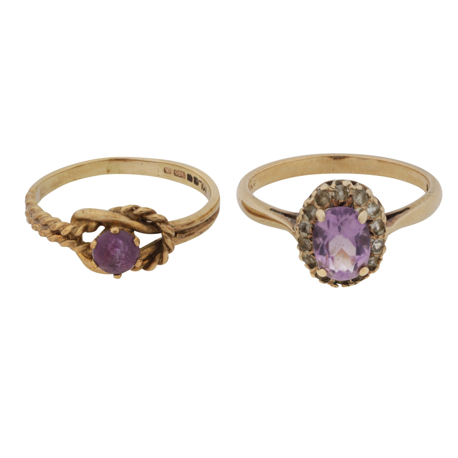 Two amethyst rings 9 carat gold: Two amethyst rings 9 carat gold One set witch a circular-cut amethyst, within a rope twist surround; the other set with an oval-cut amethyst within a brilliant-cut diamond surround; both set in 9