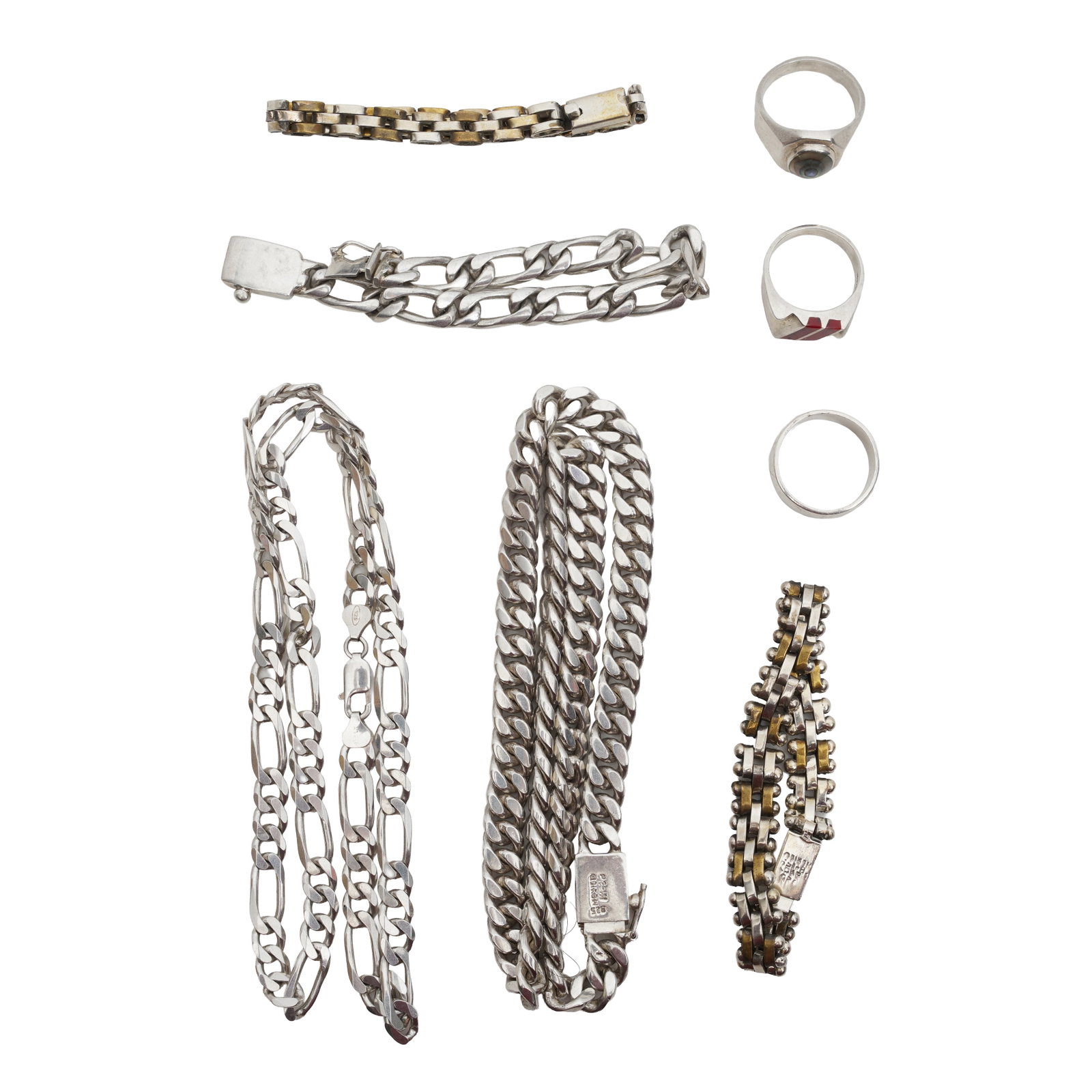 A collection of silver White metal: A collection of silver White metal Including two necklaces, three bracelets, and three rings; all mounted in white metal, stamped 925, various sizes (8)