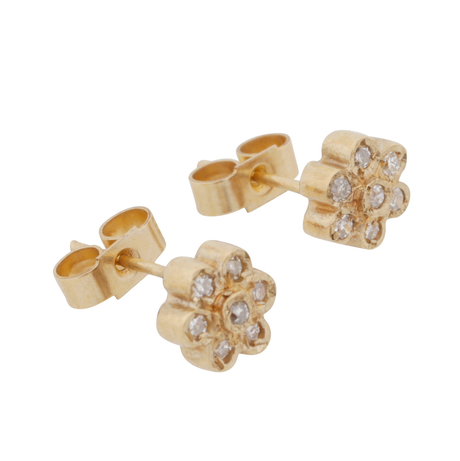 A pair of diamond stud earrings Yellow metal: A pair of diamond stud earrings Yellow metal Of flowerhead design, set with single-cut diamonds, mounted in yellow metal, post fittings, unmarked, length 0.5cm