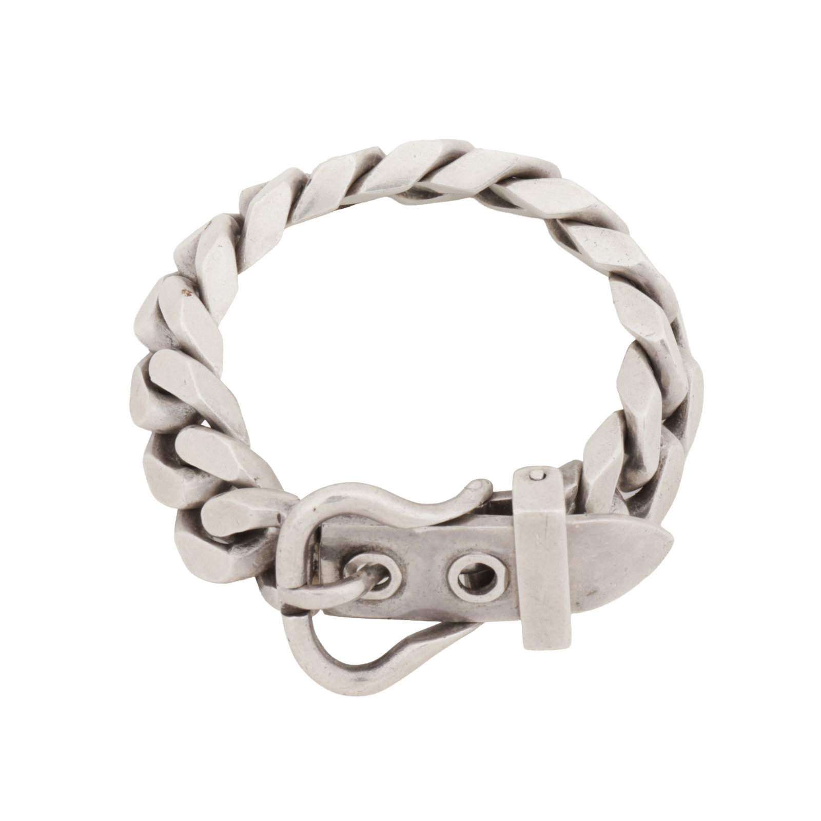 Hermès Ι A fancy-link bracelet White metal: Hermès Ι A fancy-link bracelet White metal Of curb-link design, to a buckle clasp, set in white metal, unmarked, signed, length approx. 17.0cm