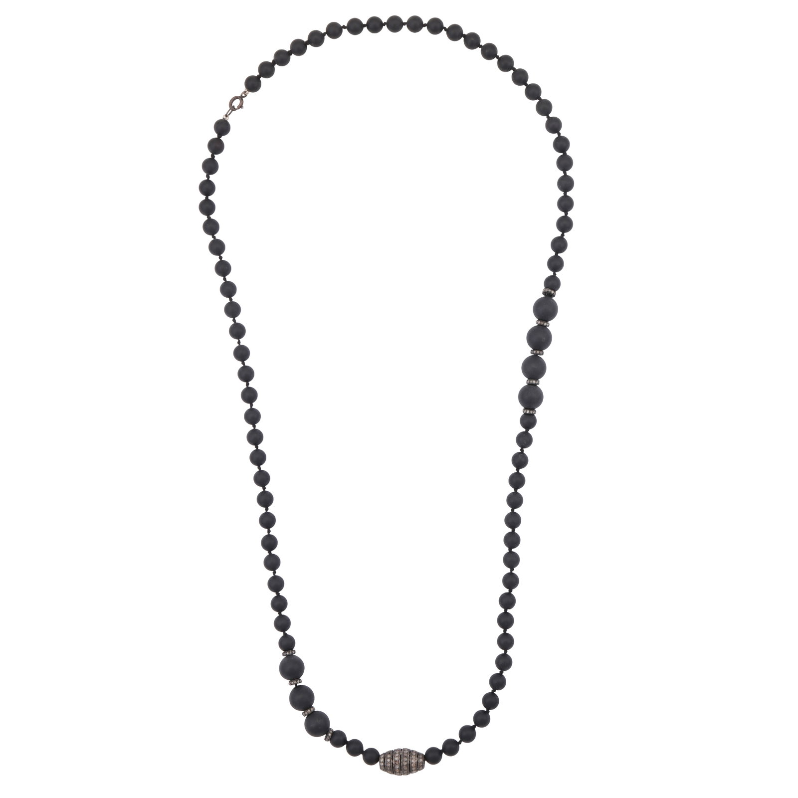 A jet and diamond necklace Black metal: A jet and diamond necklace Black metal Set with 8.2-10.1mm jet beads, accented by metal rondelles and a barrel bead set with single-cut diamonds, to a bolt ring clasp, stamped 925, length 87.0cm