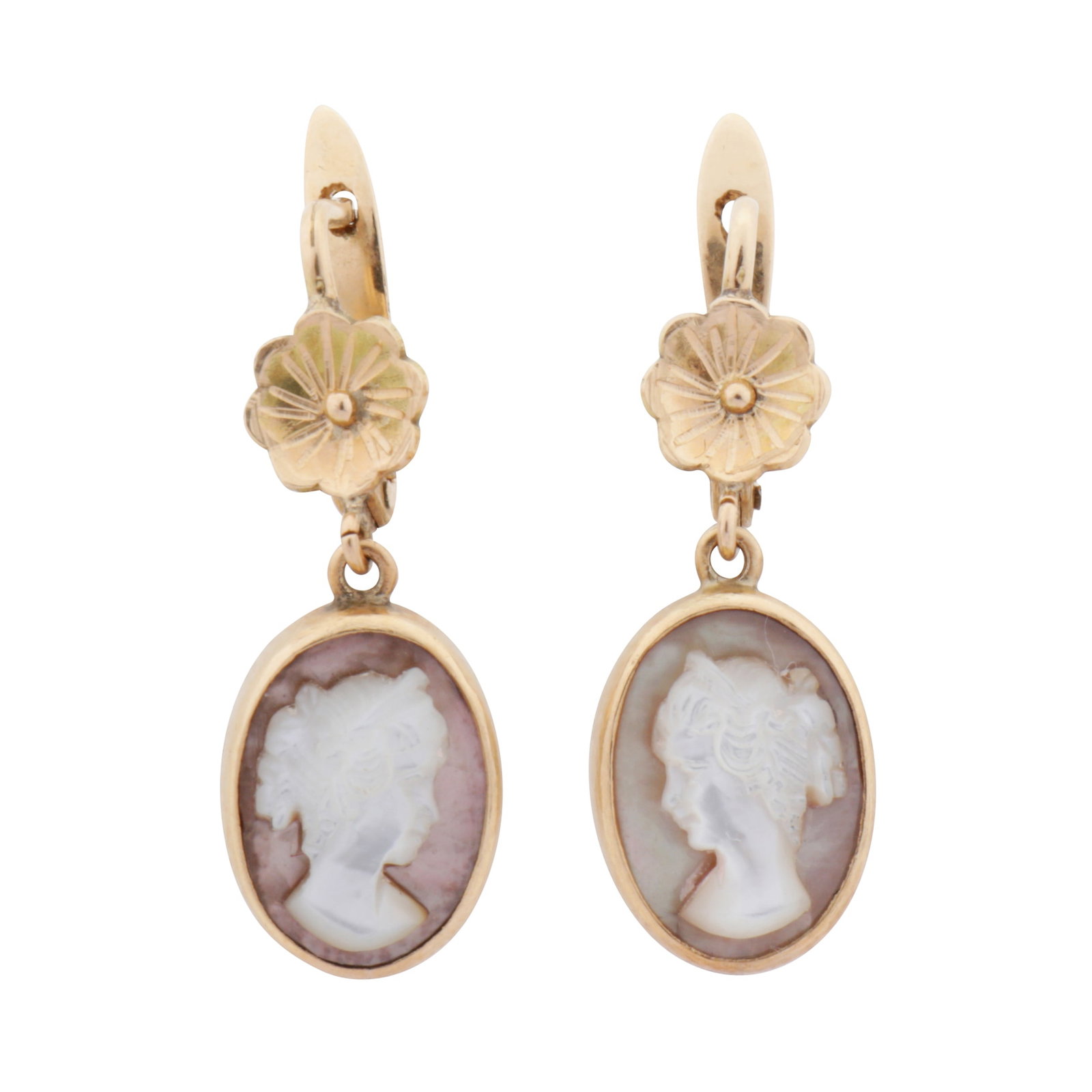 A pair of mother of pearl pendent earrings Yellow metal: A pair of mother of pearl pendent earrings Yellow metal Each set with an oval mother of pearl plaque, to a floral surmount, hook fittings, set in yellow metal, stamped 14k, length 3.0cm