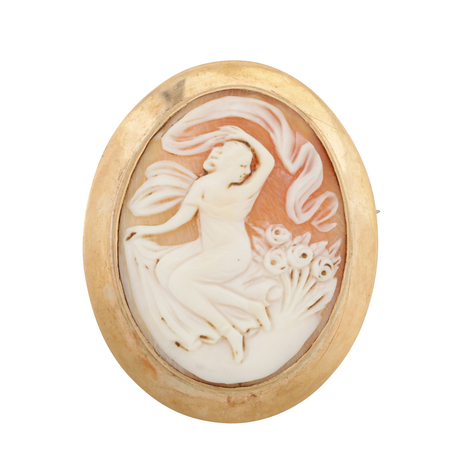 A cameo brooch Yellow metal: A cameo brooch Yellow metal Of oval form, depicting a seating lady, within a yellow metal frame, stamped 9ct, length 4.7cm