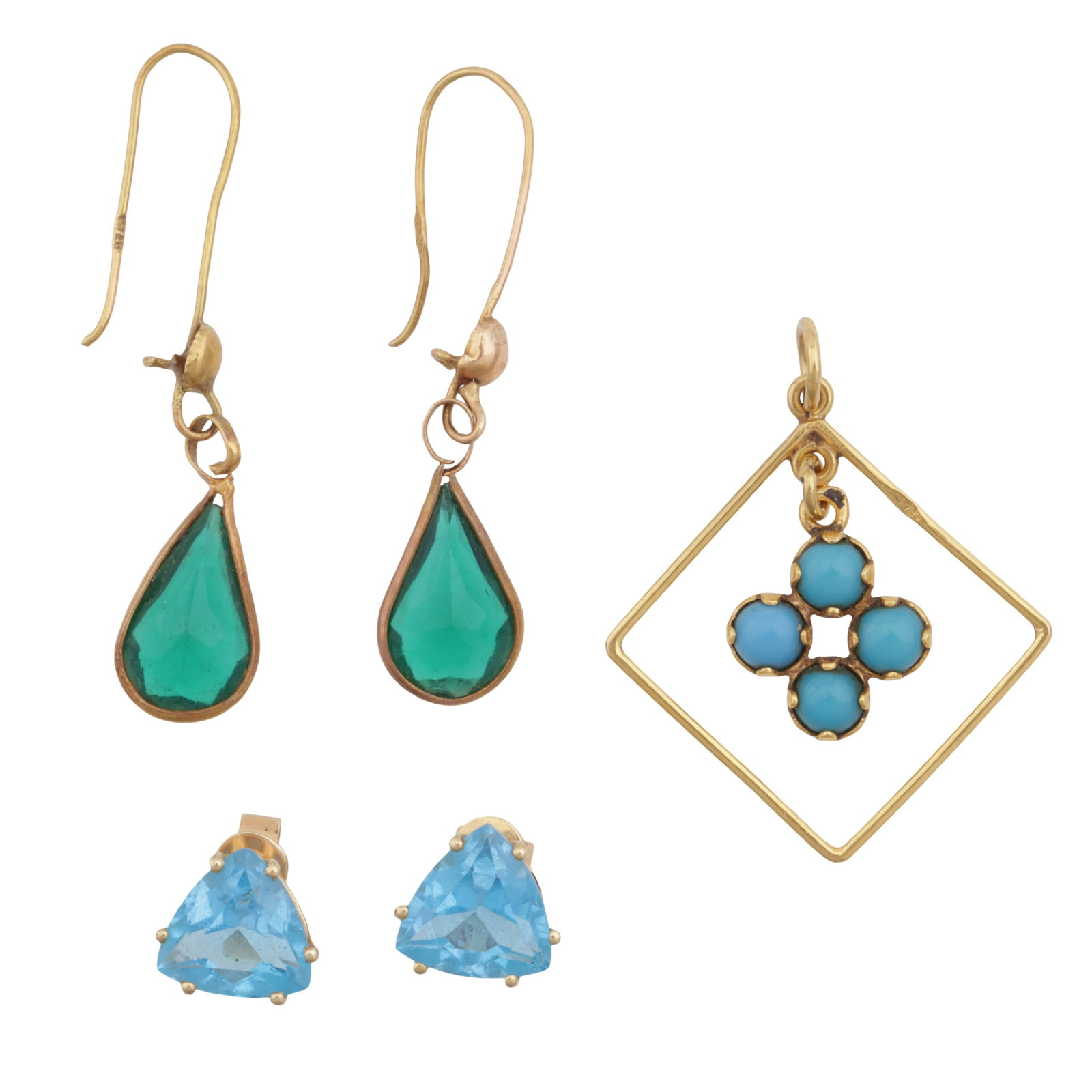 A group of jewellery Yellow metal: A group of jewellery Yellow metal Including a turquoise pendant, set in yellow metal, Egyptian assay mark; a pair of green paste pendent earrings, set in yellow metal, Egyptian assay mark; and a pair 