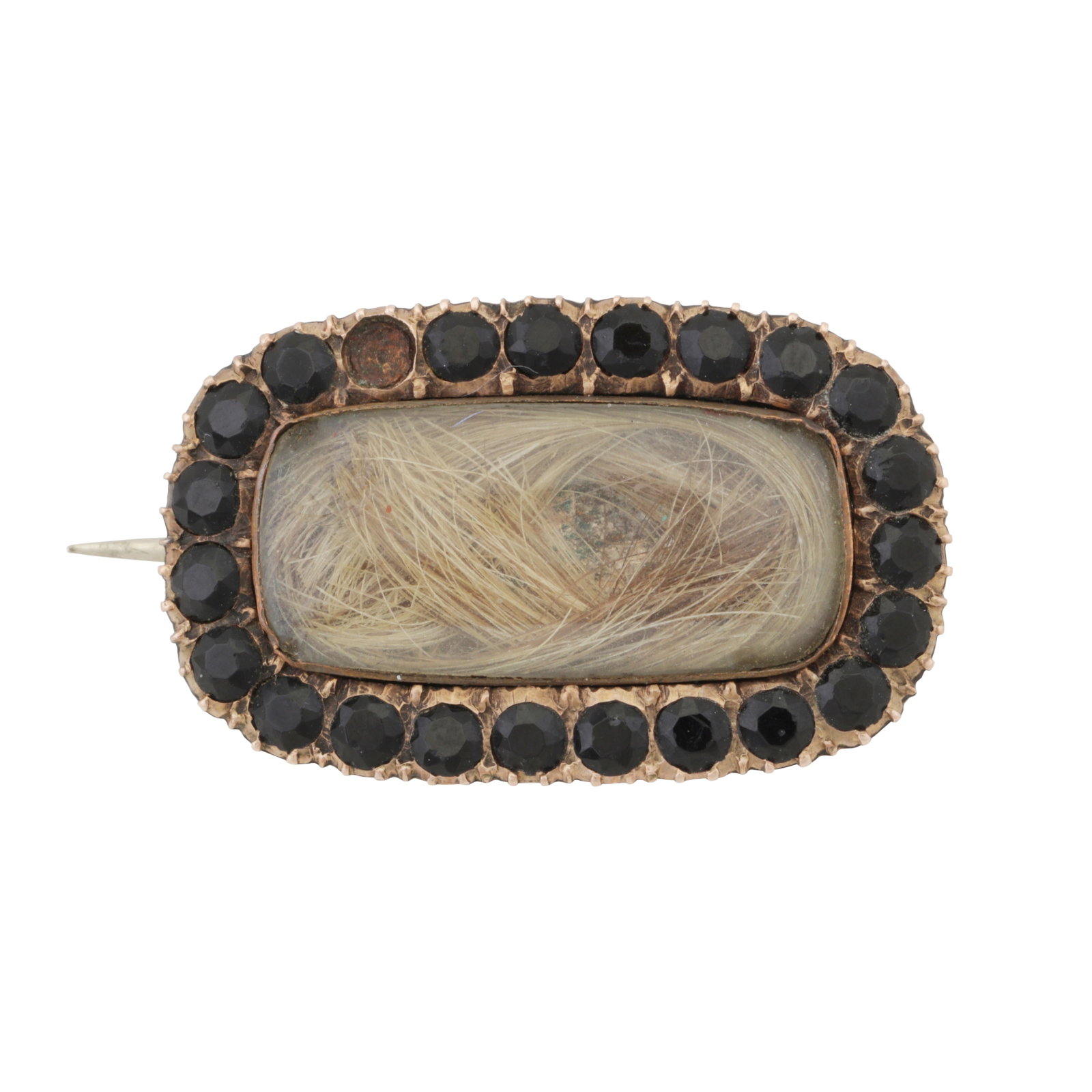 A mourning brooch Yellow metal: A mourning brooch Yellow metal Of rectangular form, with a glazed compartment featuring hairwork, set with a circular-cut onyx border (one stone deficient), the reverse with engraved name and dates,