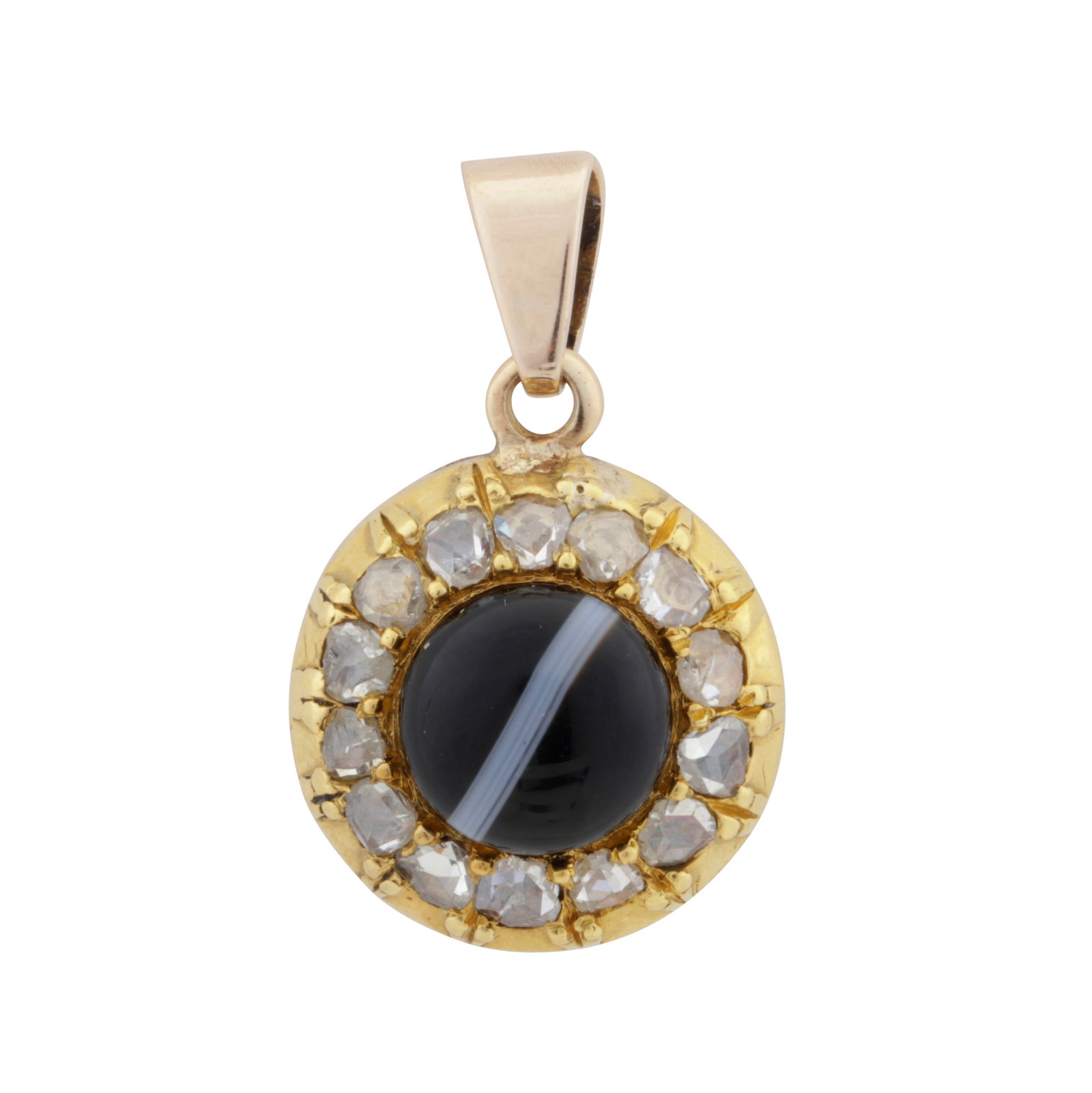A banded agate and diamond pendant Yellow metal: A banded agate and diamond pendant Yellow metal The round agate cabochon, to a rose-cut diamond surround, in yellow metal mount, unmarked, length 2.5cm