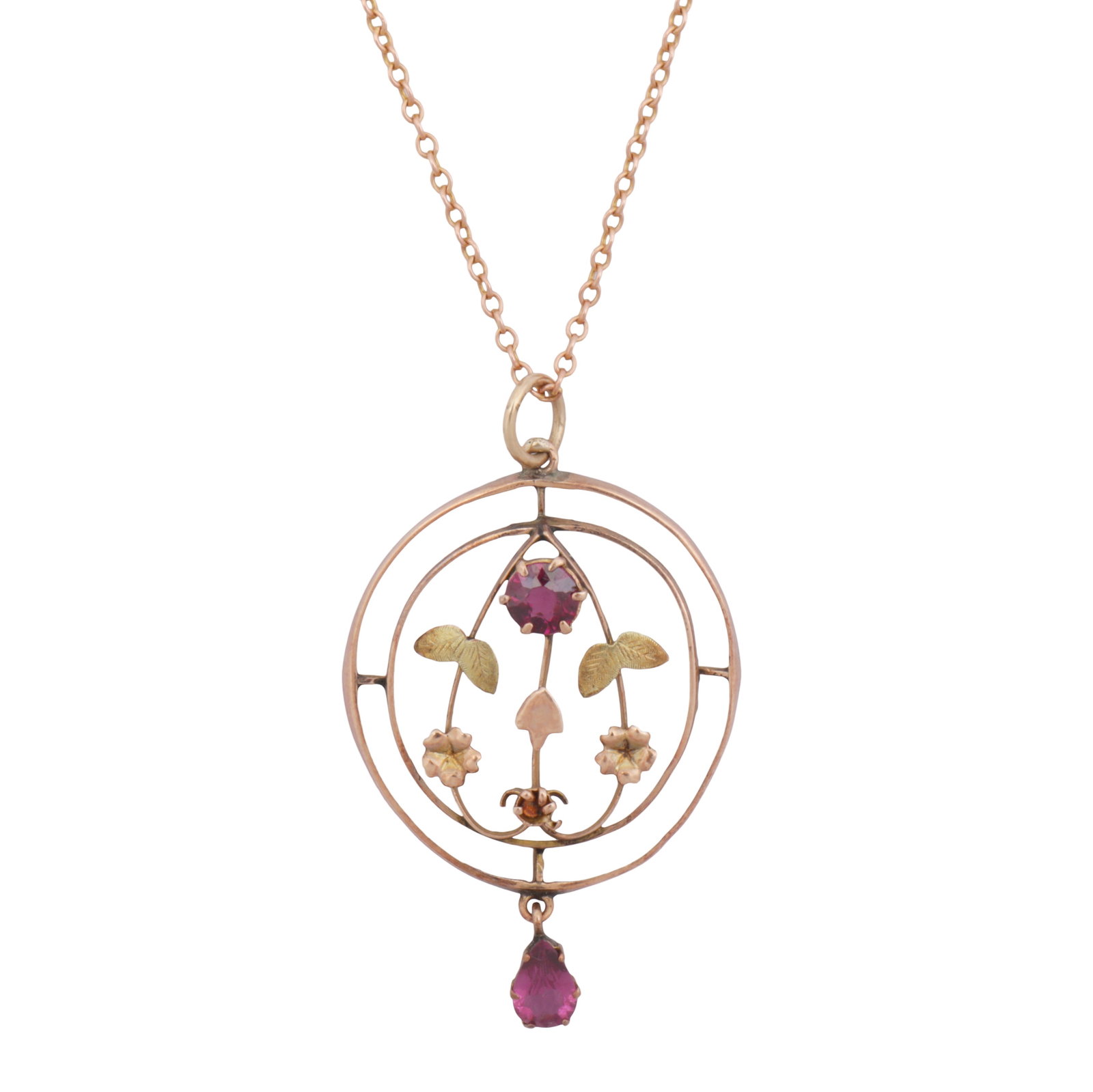 A garnet pendant necklace Yellow metal: A garnet pendant necklace Yellow metal The pendant of circular pierced design, with flowers and leaves decorations, set with a circular-cut and a pear-shaped garnet, suspended to a cable link chain