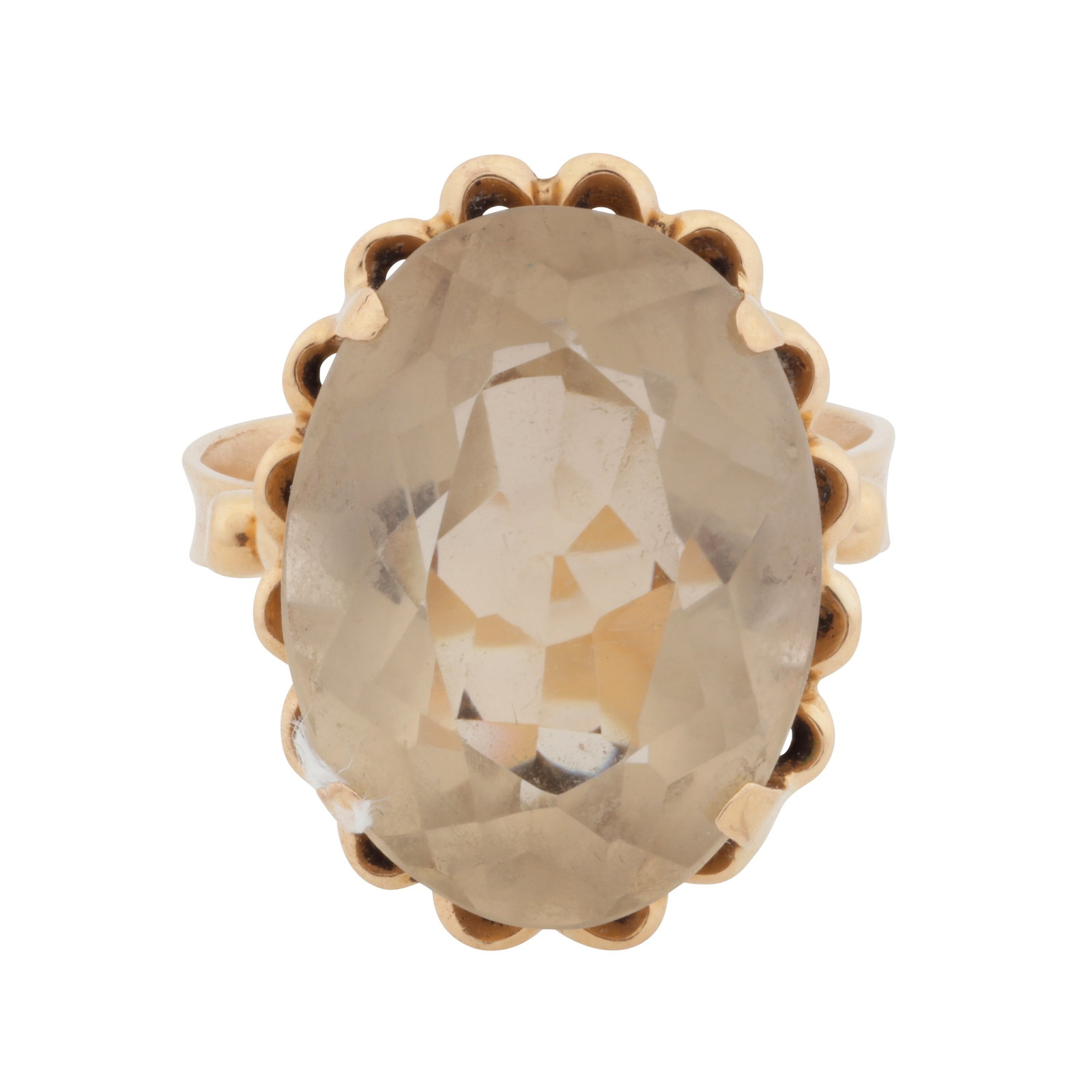 A smoky quartz single-stone ring Yellow metal: A smoky quartz single-stone ring Yellow metal Set with an oval-cut quartz, to a yellow metal mount, stamped 750, ring size O