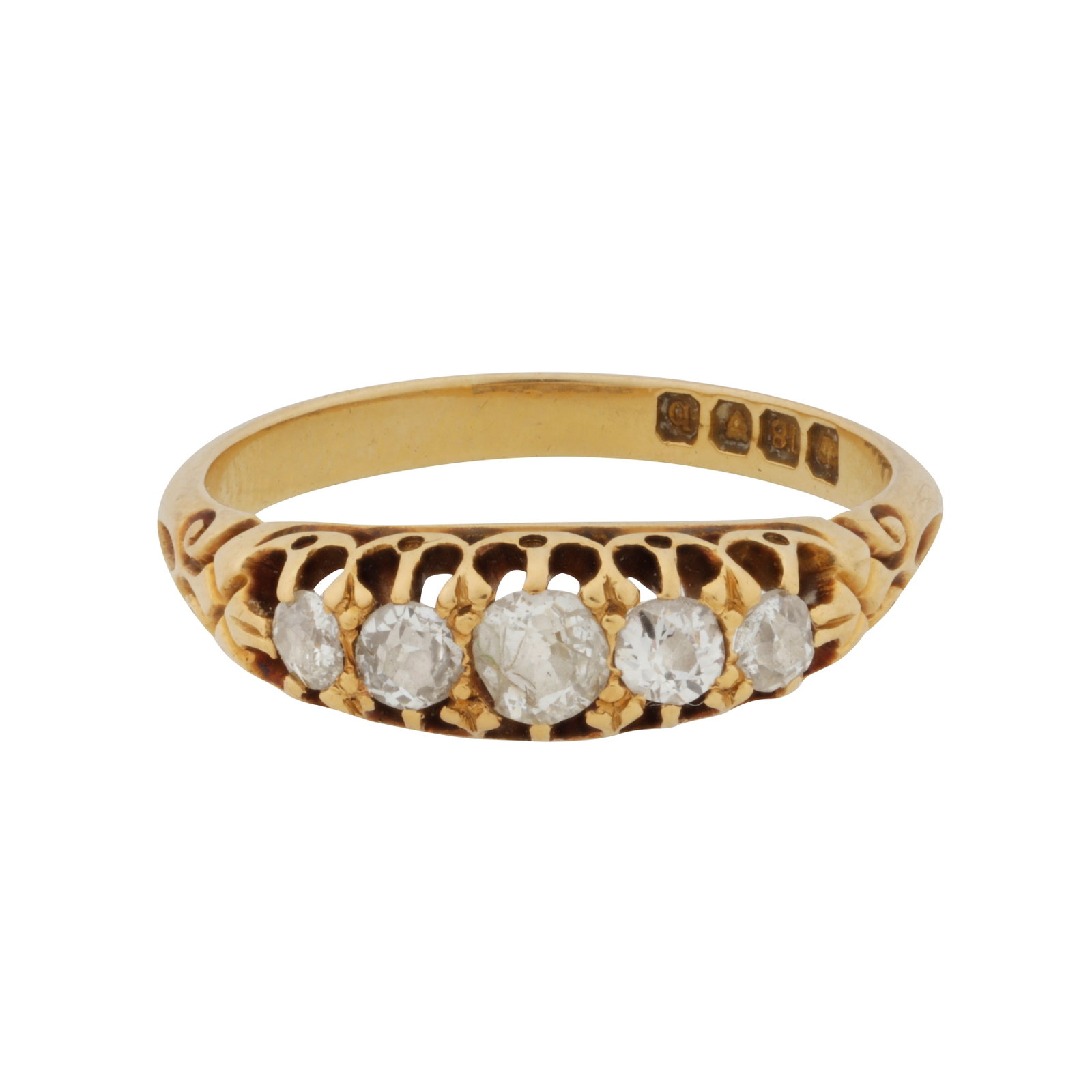 A diamond five stone ring 18ct yellow gold: A diamond five stone ring 18ct yellow gold Claw-set with old-cut diamonds, pierced gallery and textured shoulders, diamonds approx. 0.40 carat total, maker's mark, UK import mark, ring size M
